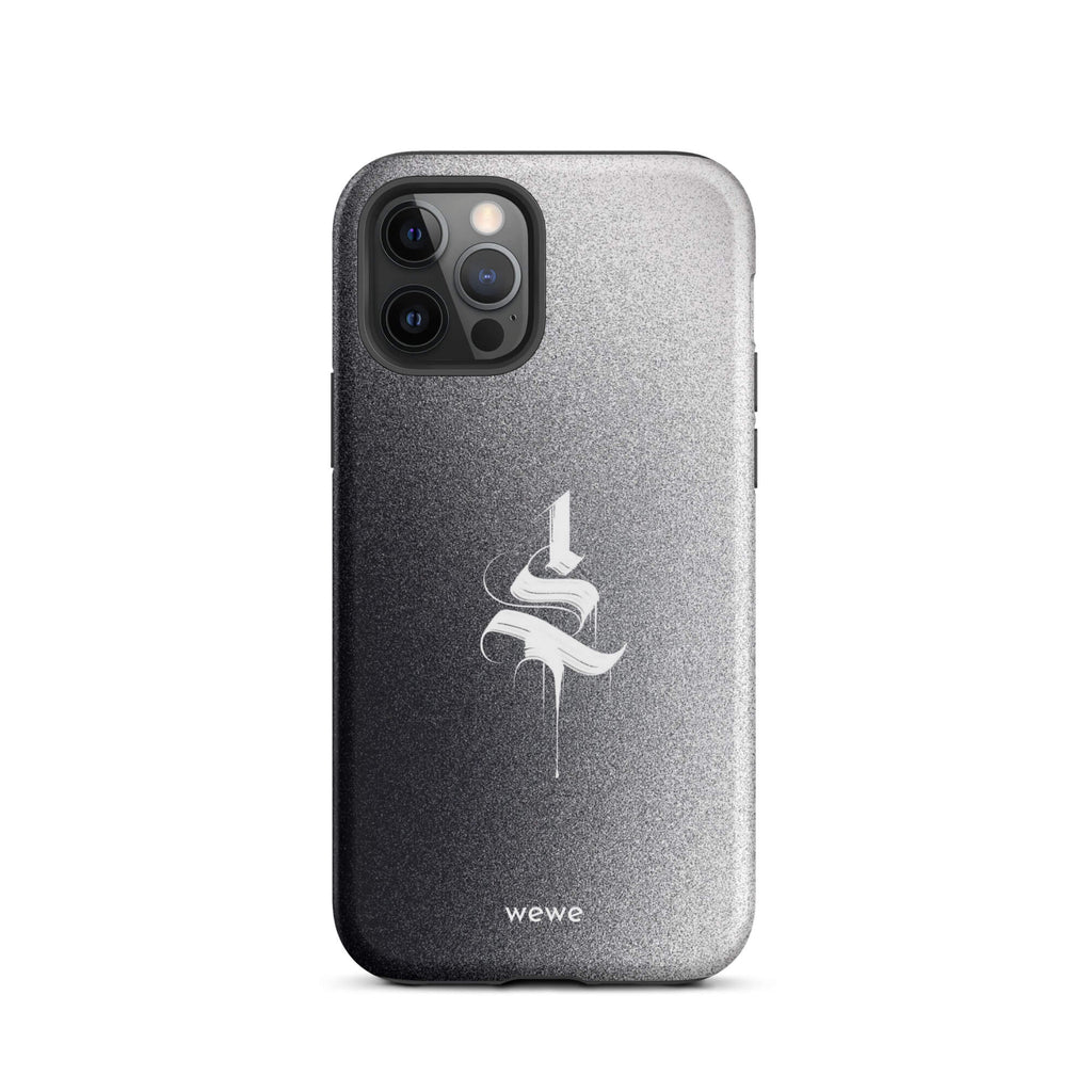 Custom iPhone case 12 pro with a black to grey ombre background and a dripping, stylized gothic 'S' in white.