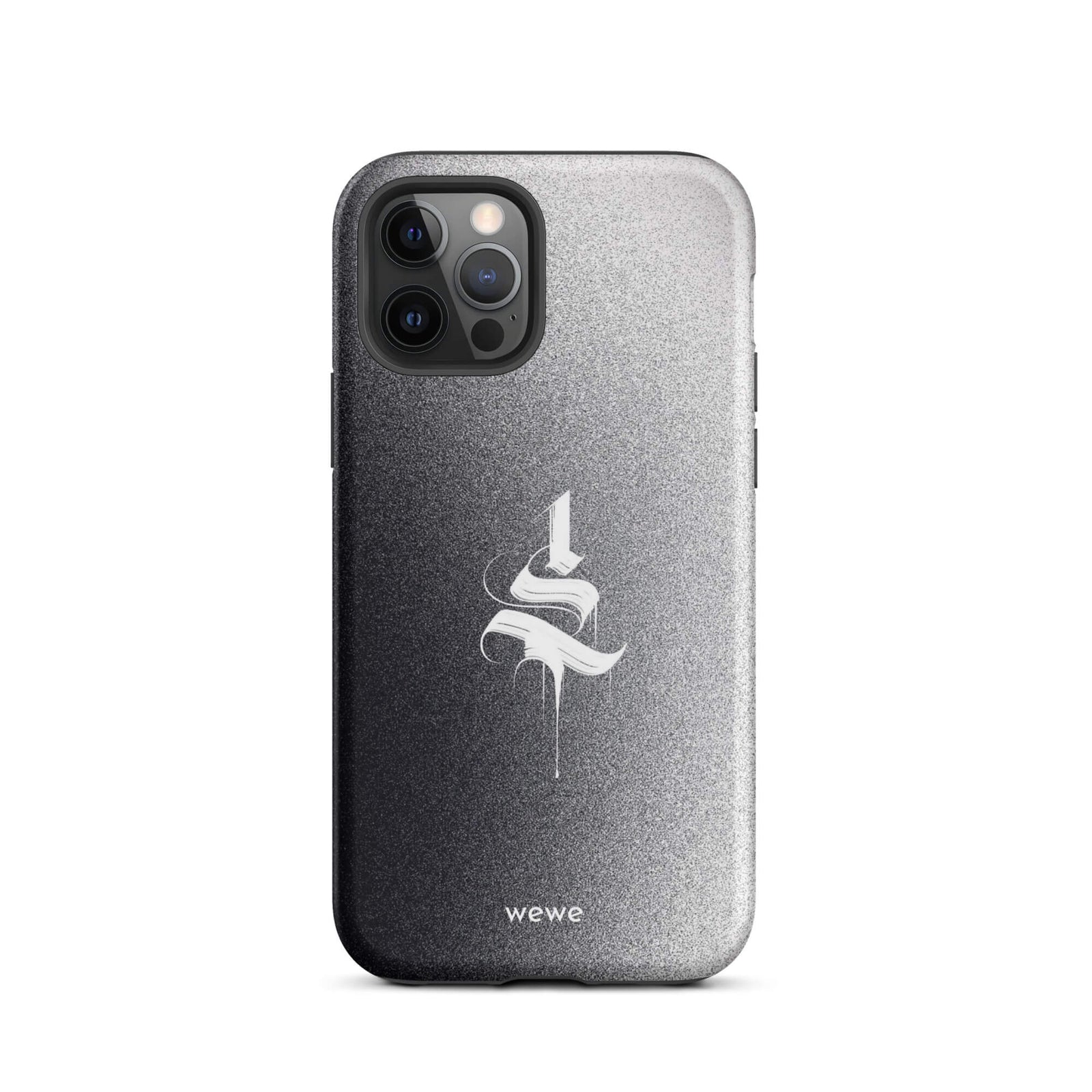 Custom iPhone case 12 pro with a black to grey ombre background and a dripping, stylized gothic 'S' in white.