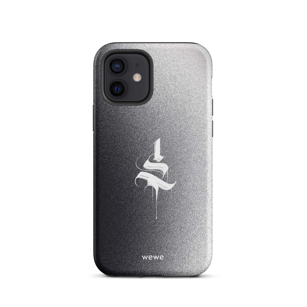 Custom iPhone case 12 with a black to grey ombre background and a dripping, stylized gothic 'S' in white.