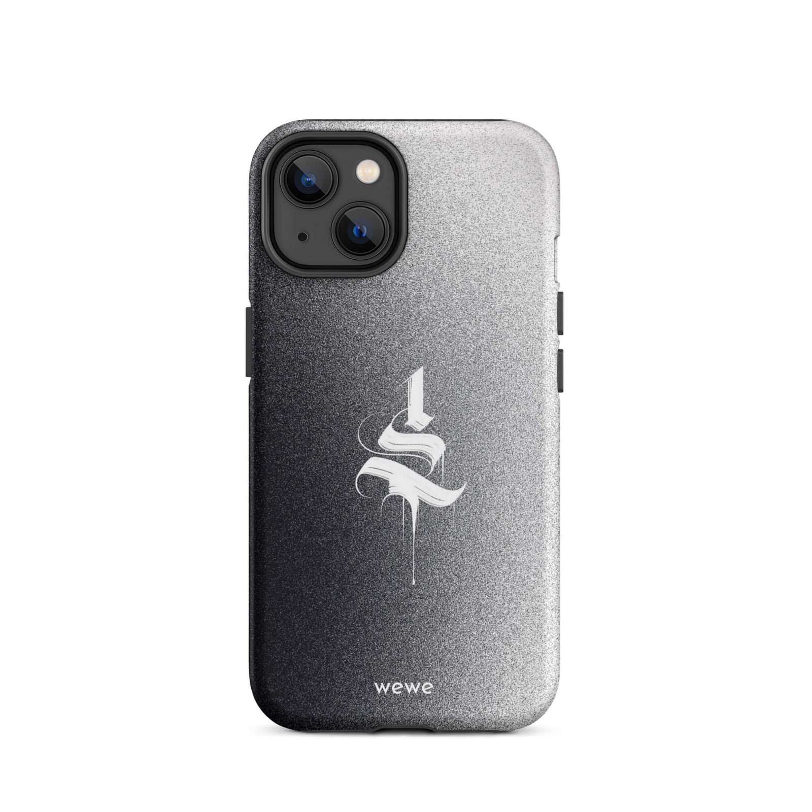 Custom iPhone case 14 with a black to grey ombre background and a dripping, stylized gothic 'S' in white.