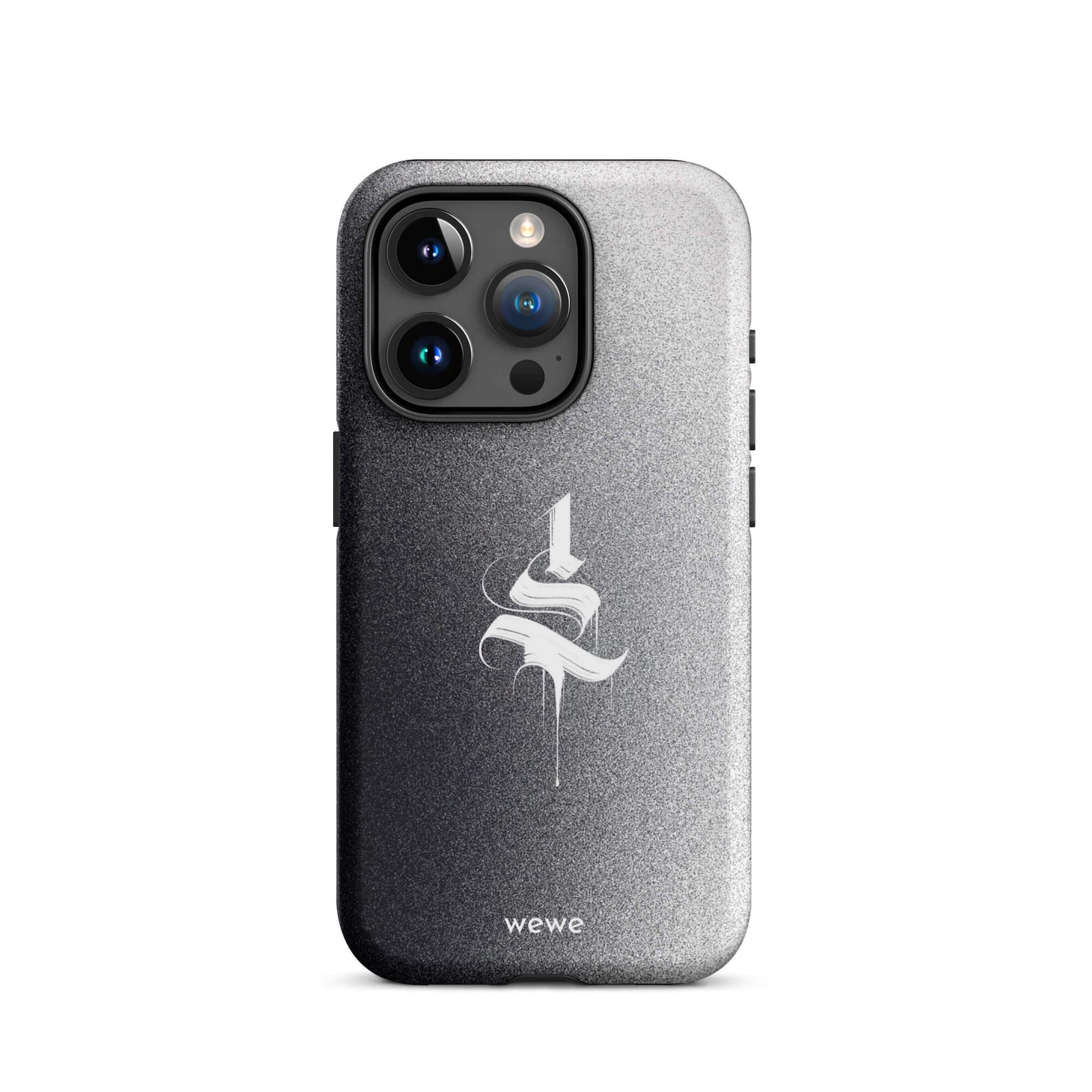 Custom iPhone case 15 pro with a black to grey ombre background and a dripping, stylized gothic 'S' in white.