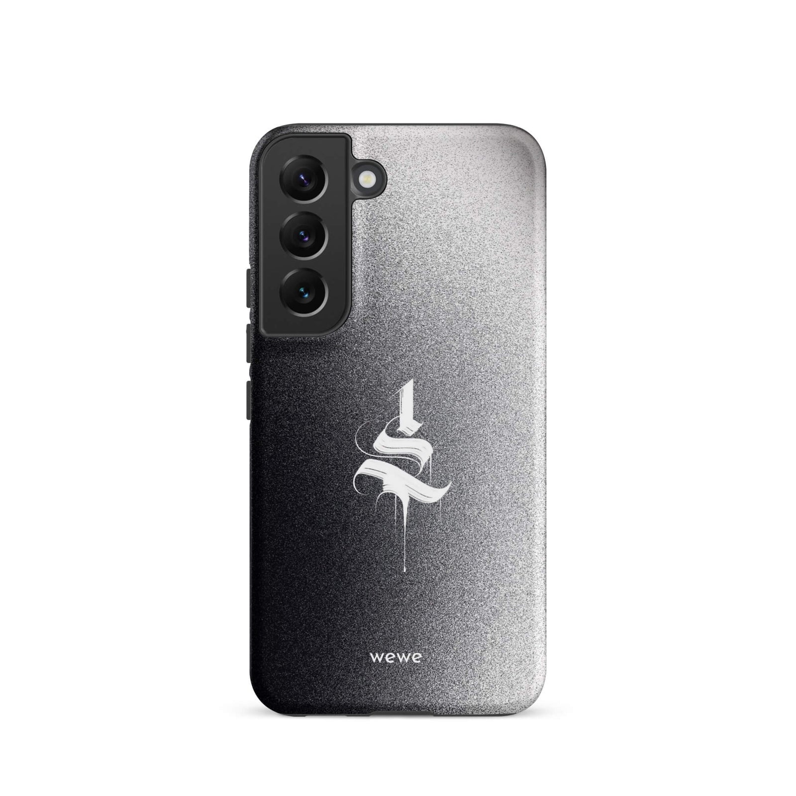 Custom samsung galaxy s22 Phone case with a black to grey ombre background and a dripping, stylized gothic 'S' in white.