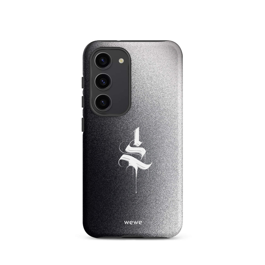 Custom samsung galaxy s23 Phone case with a black to grey ombre background and a dripping, stylized gothic 'S' in white.