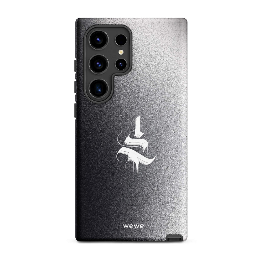 Custom samsung galaxy s24 ultra  Phone case with a black to grey ombre background and a dripping, stylized gothic 'S' in white.