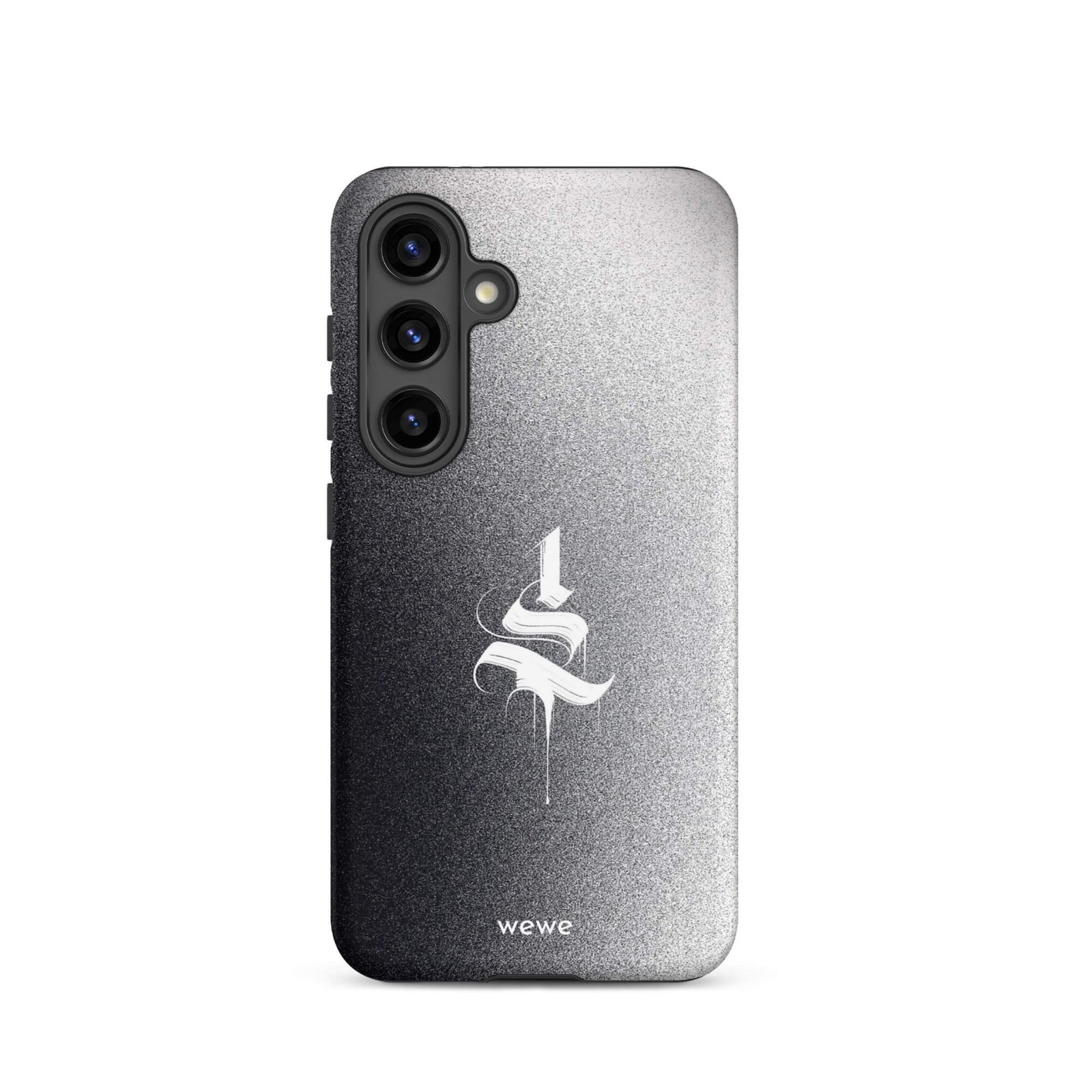 Custom samsung galaxy s24 Phone case with a black to grey ombre background and a dripping, stylized gothic 'S' in white.