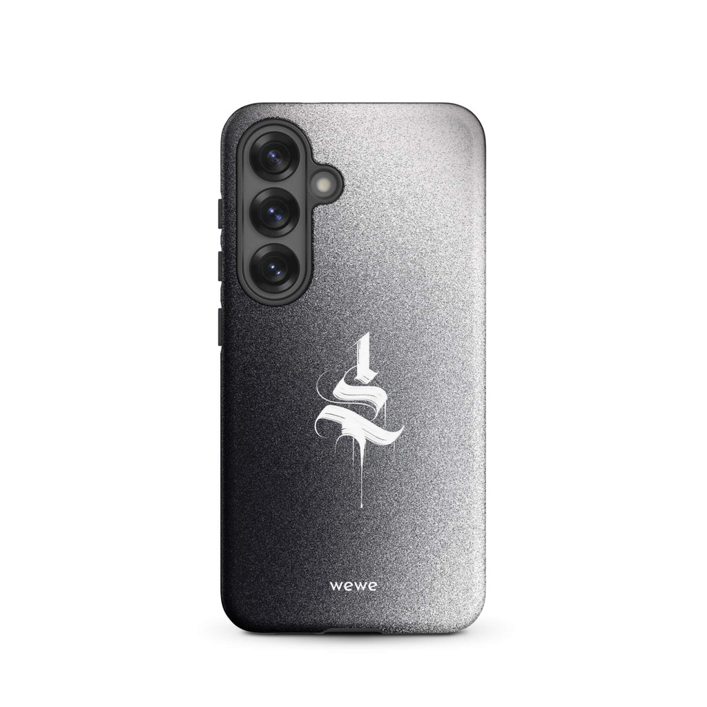Custom samsung galaxy s25 Phone case with a black to grey ombre background and a dripping, stylized gothic 'S' in white.