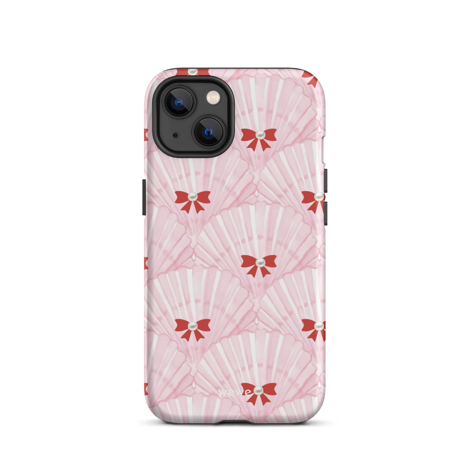Custom iPhone case 13 with a cute and whimsical pattern of watercolor pink and white seashells with red bows and pearls.