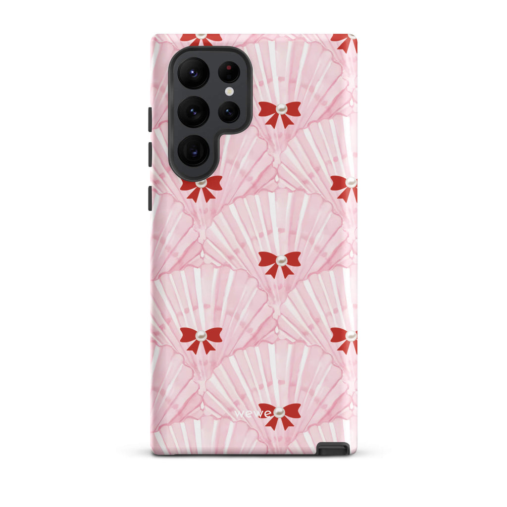 Custom samsung galaxy s22 ultra  Phone case with a cute and whimsical pattern of watercolor pink and white seashells with red bows and pearls.