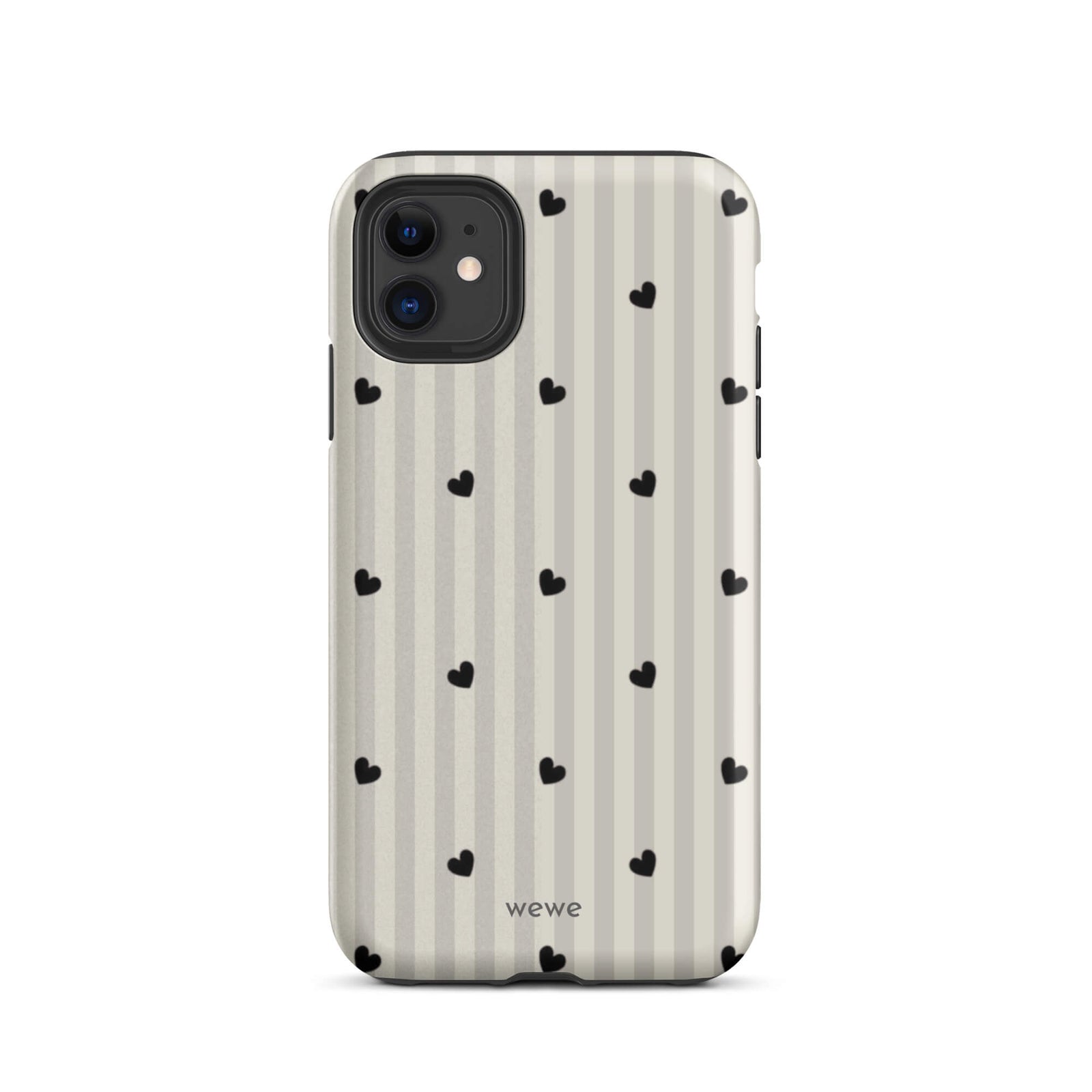 Custom iPhone case 11 with a subtle beige and white vertical stripe background, scattered black hearts.