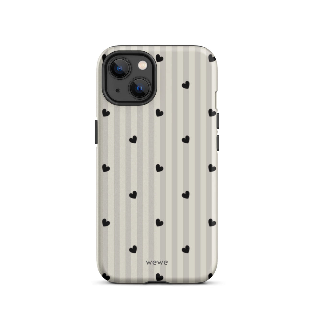 Custom iPhone case 13 with a subtle beige and white vertical stripe background, scattered black hearts.