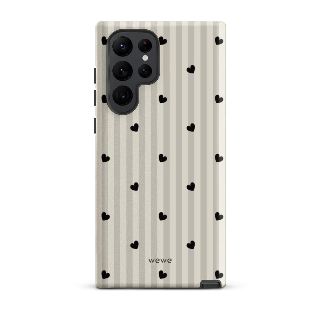 Custom samsung galaxy s22 ultra  Phone case max with a subtle beige and white vertical stripe background, scattered black hearts.