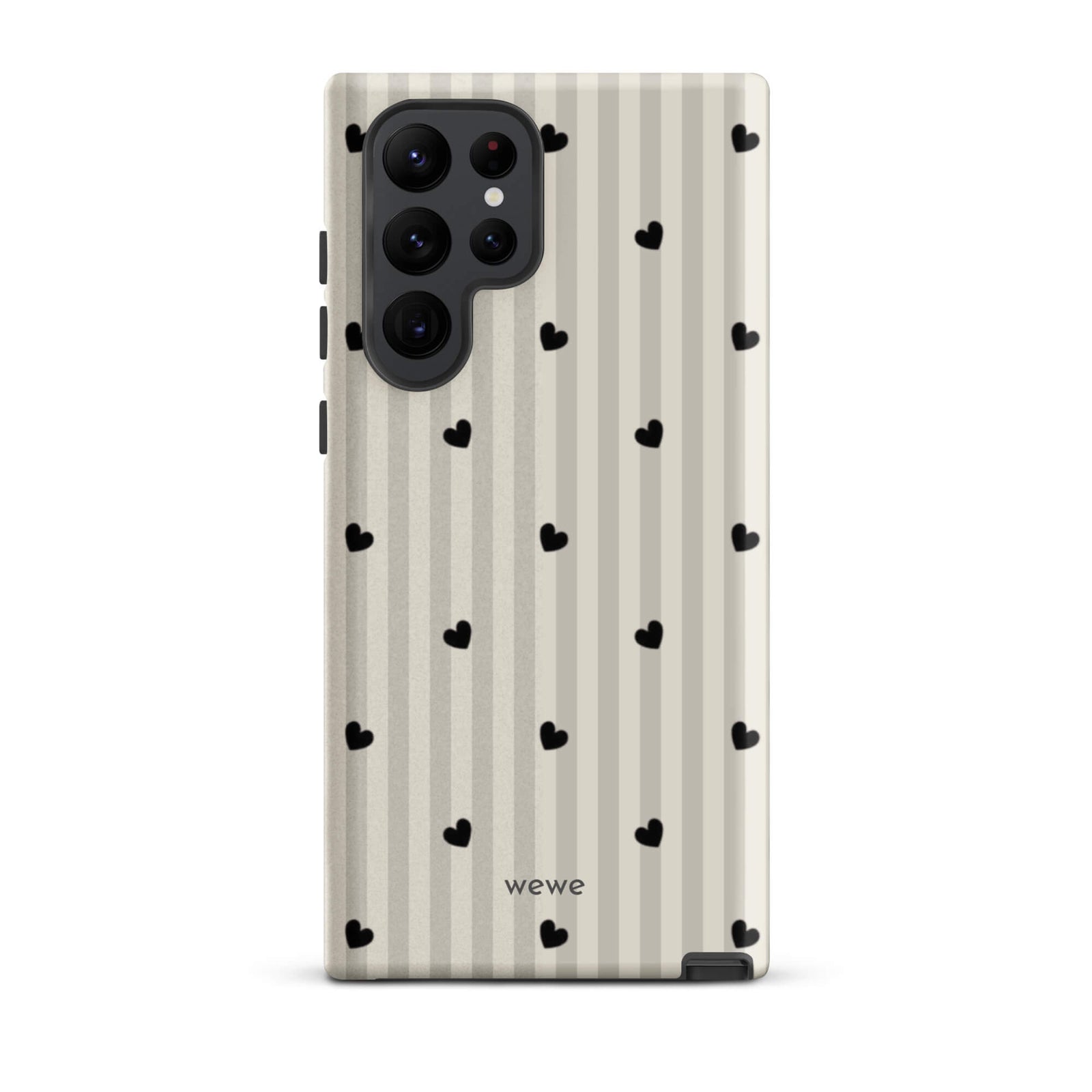 Custom samsung galaxy s22 ultra  Phone case max with a subtle beige and white vertical stripe background, scattered black hearts.