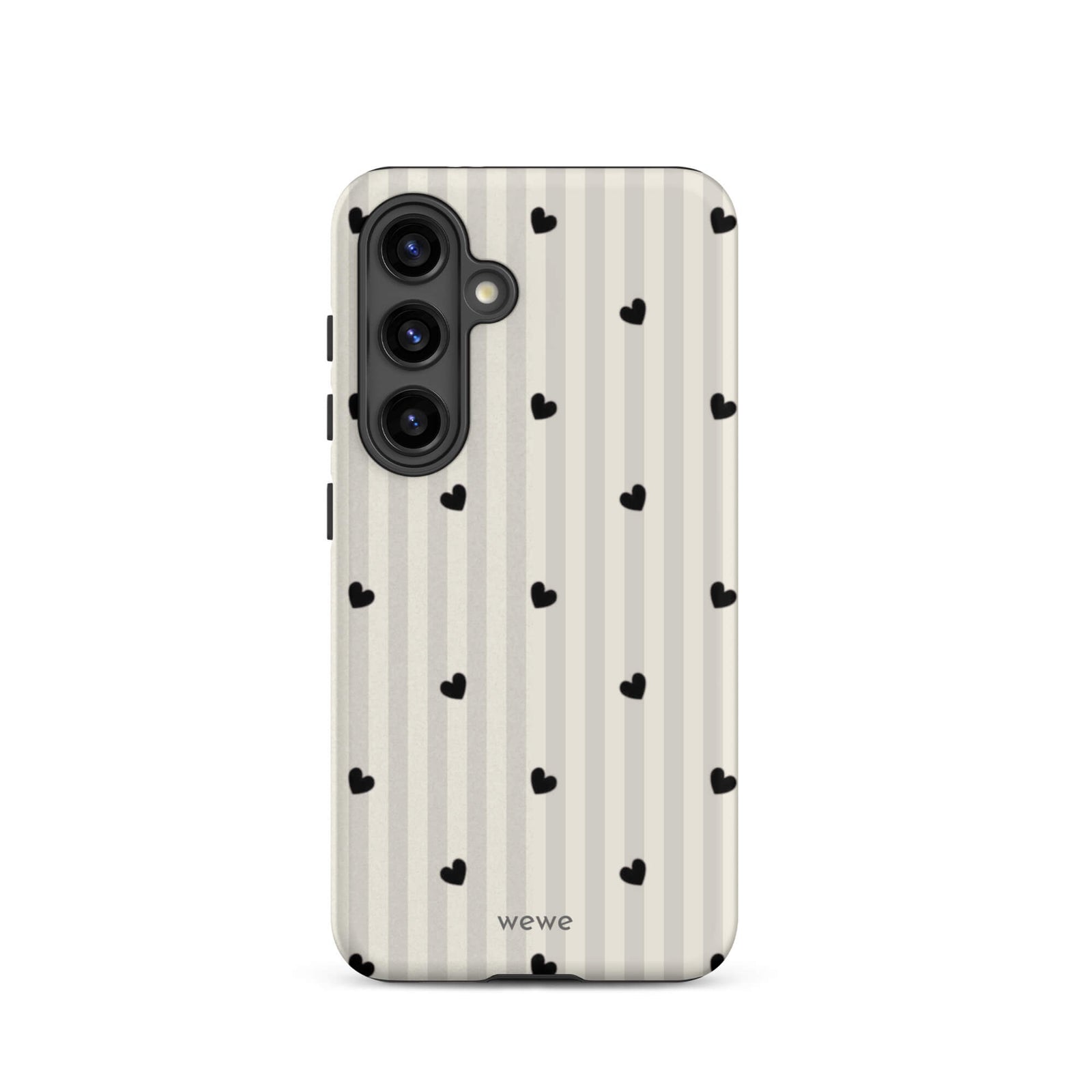 Custom samsung galaxy s24  Phone case max with a subtle beige and white vertical stripe background, scattered black hearts.