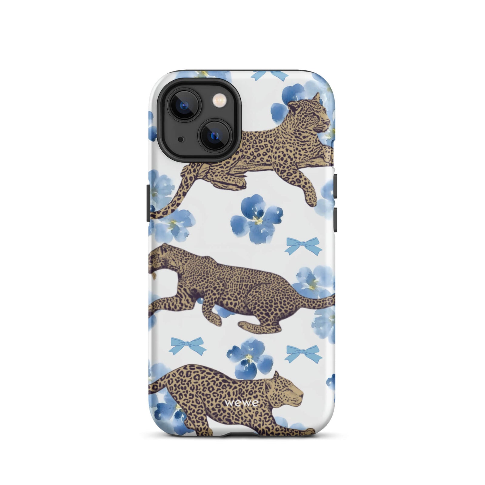 Custom iPhone case 13 with a cute pattern of leopard print cheetahs, blue pansies, and small ribbons on a white background.