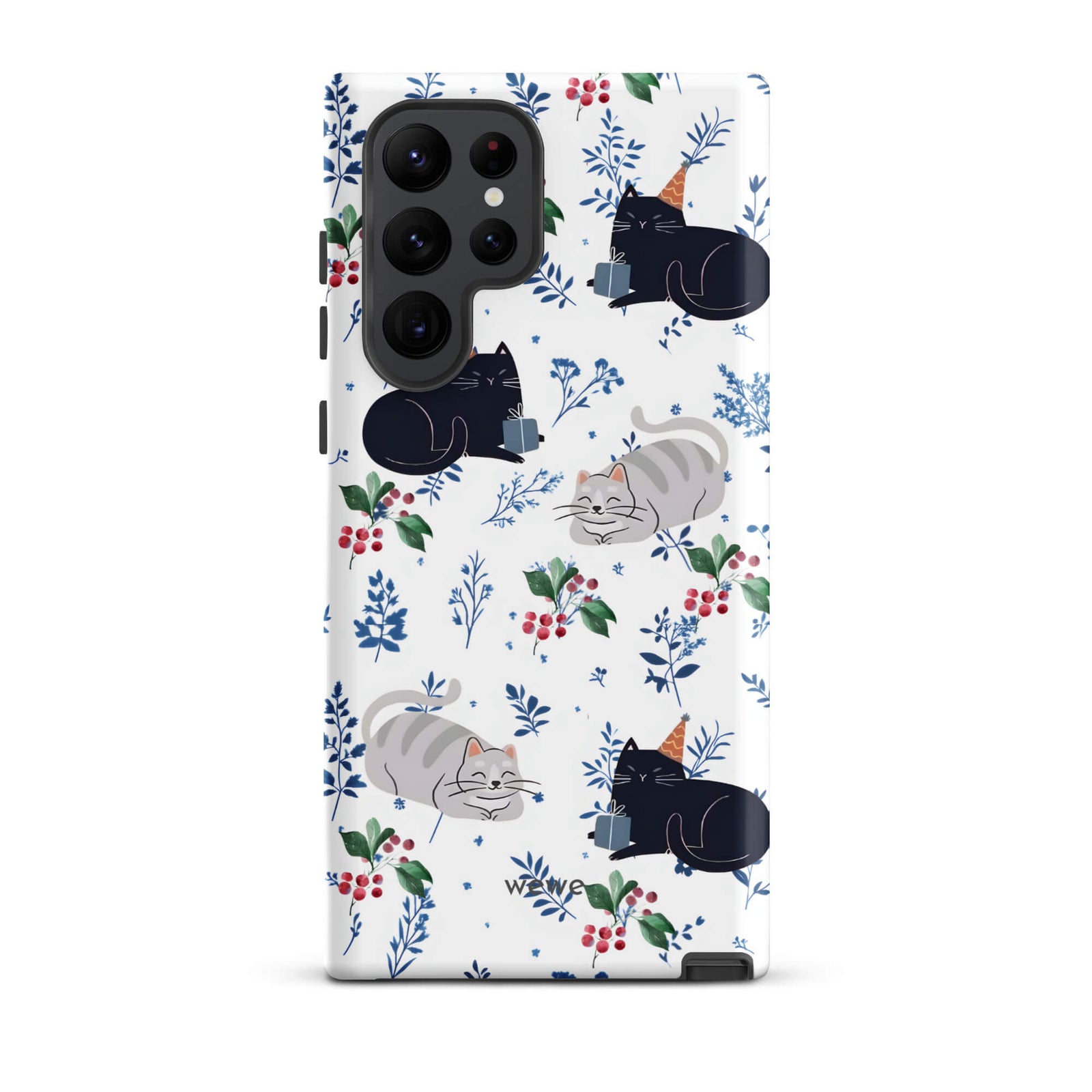 Custom samsung galaxy s22 ultra  Phone case with a cute pattern of leopard print cheetahs, blue pansies, and small ribbons on a white background.