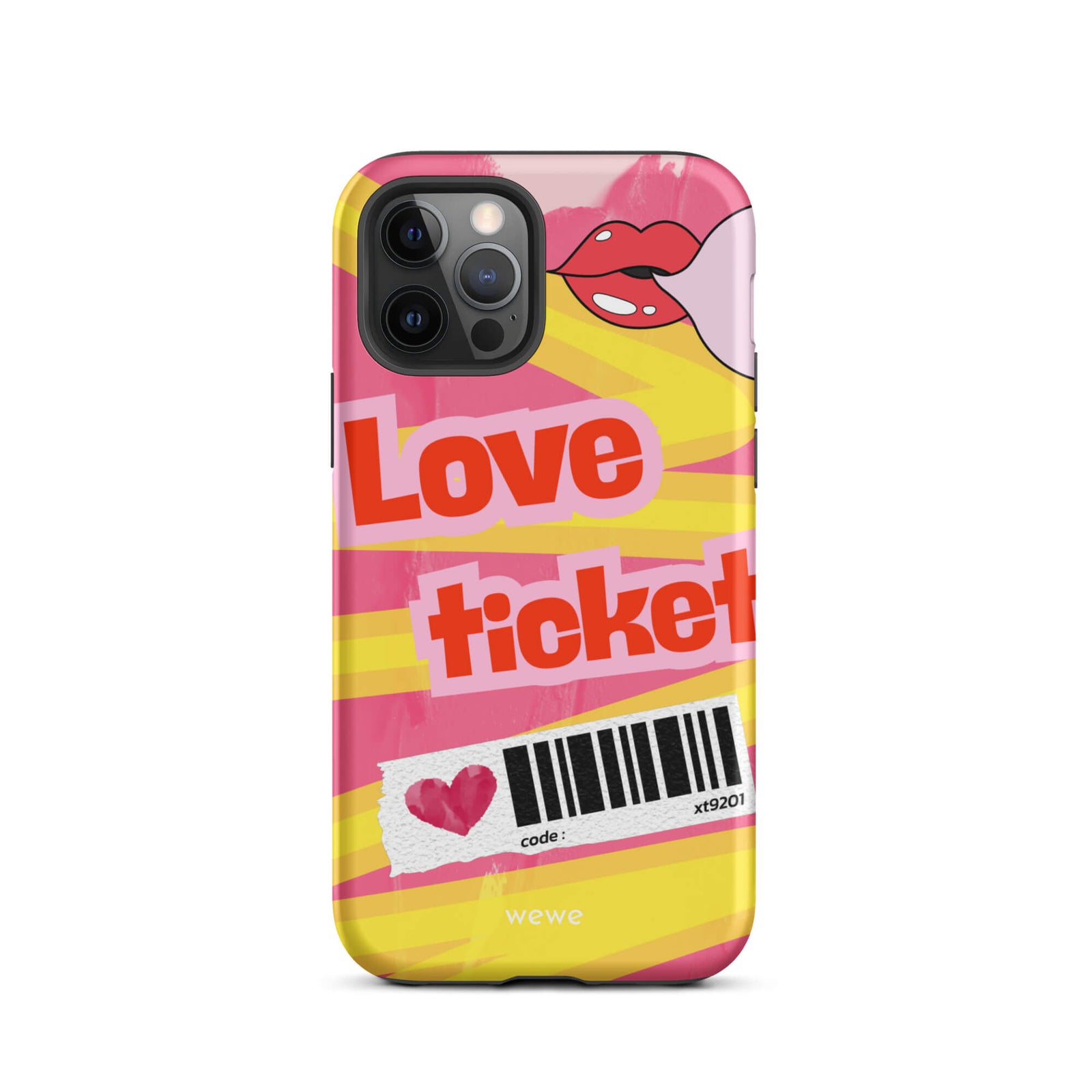 Custom iPhone case 12 pro with a bright, artistic collage design featuring a pink and yellow background, lips, and 'Love Ticket' text with a barcode.