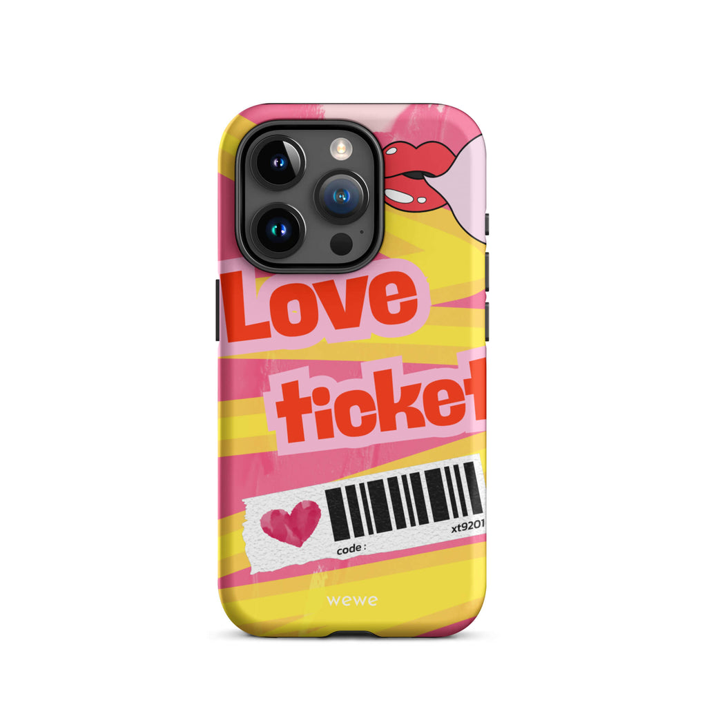 Custom iPhone case 15 pro with a bright, artistic collage design featuring a pink and yellow background, lips, and 'Love Ticket' text with a barcode.