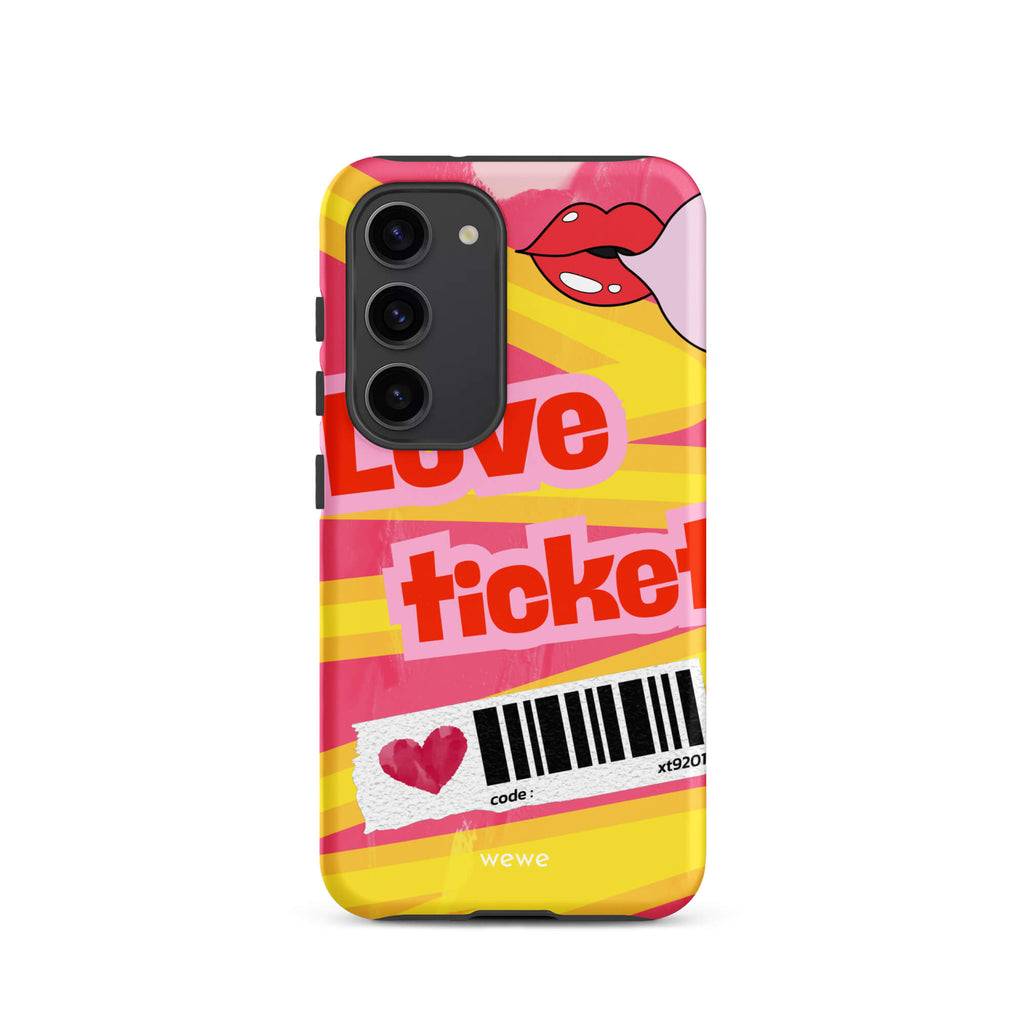 Custom samsung galaxy s23  Phone case with a bright, artistic collage design featuring a pink and yellow background, lips, and 'Love Ticket' text with a barcode.