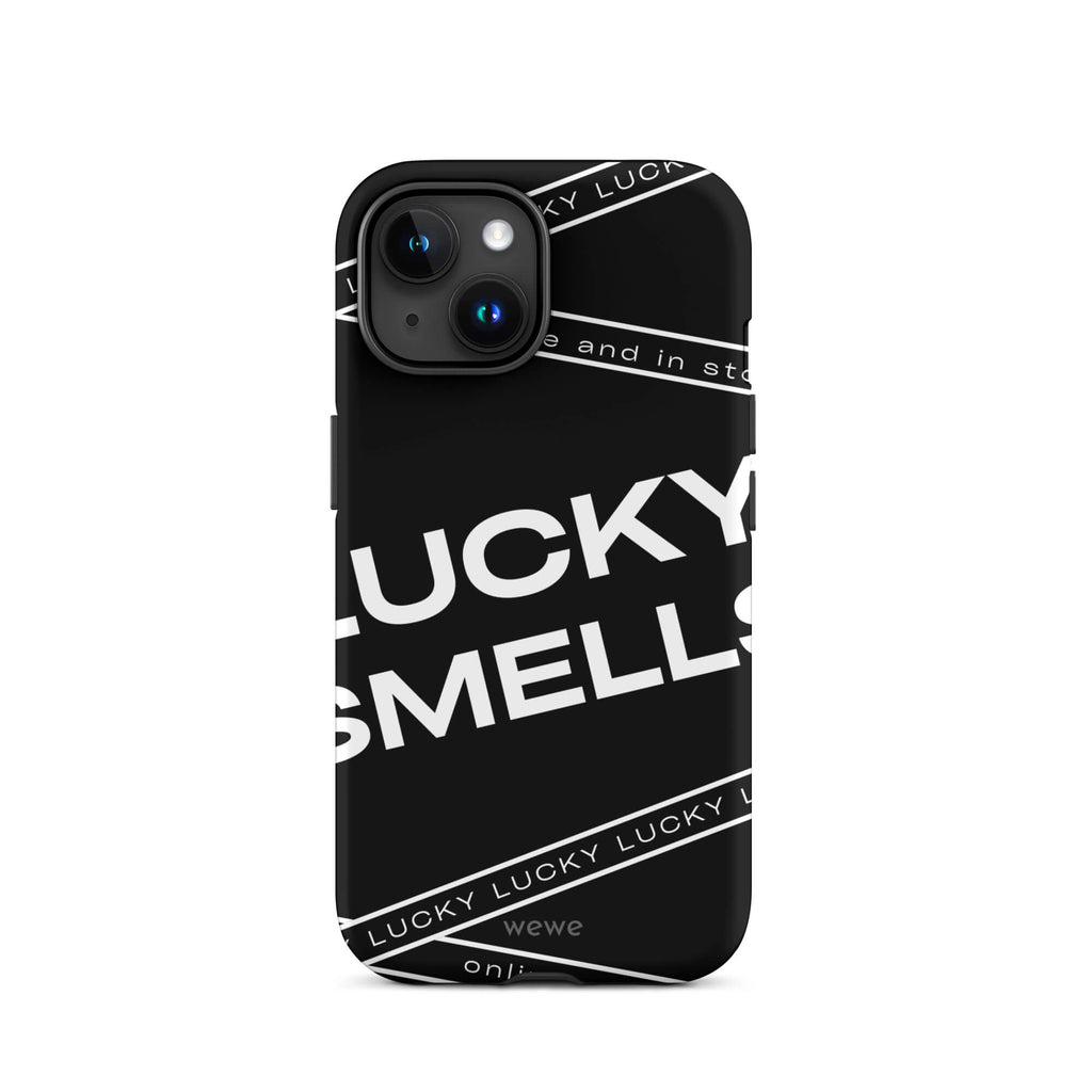Custom iPhone case 15 with a black background and white typography that says "LUCKY SMELLS" and "online and in sto".