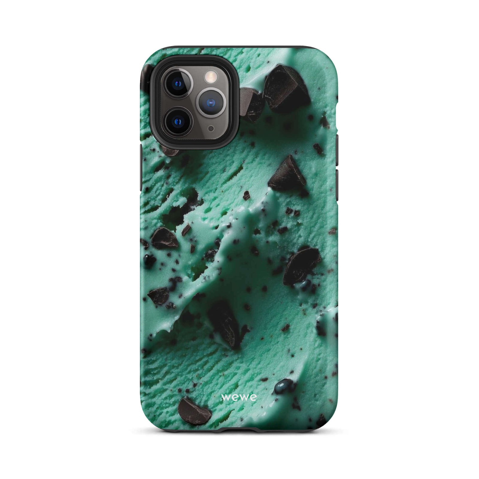 Custom iPhone case 11 pro with a close-up, macro photo of a textured, light green mint ice cream with dark chocolate chips.