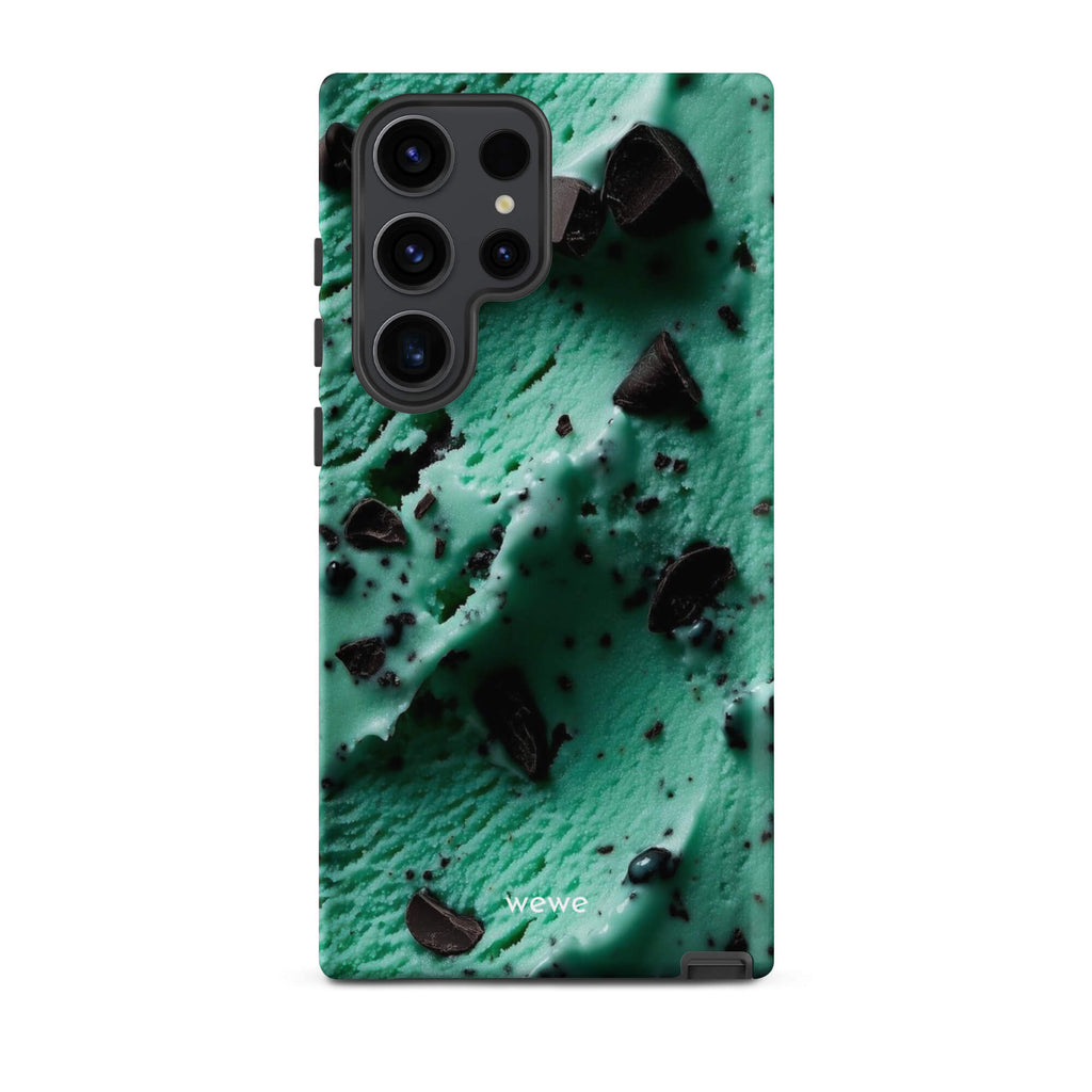 Custom samsung galaxy s23 ultra Phone case with a close-up, macro photo of a textured, light green mint ice cream with dark chocolate chips.