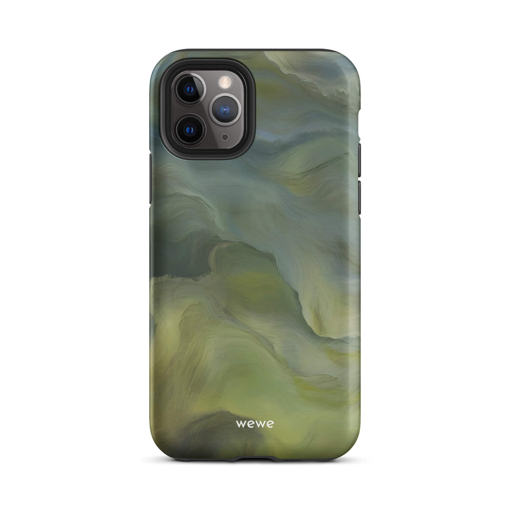 Custom iPhone case 11 pro with a close-up, macro photo of a textured, light mint green frothy substance, resembling sherbet or ice cream.