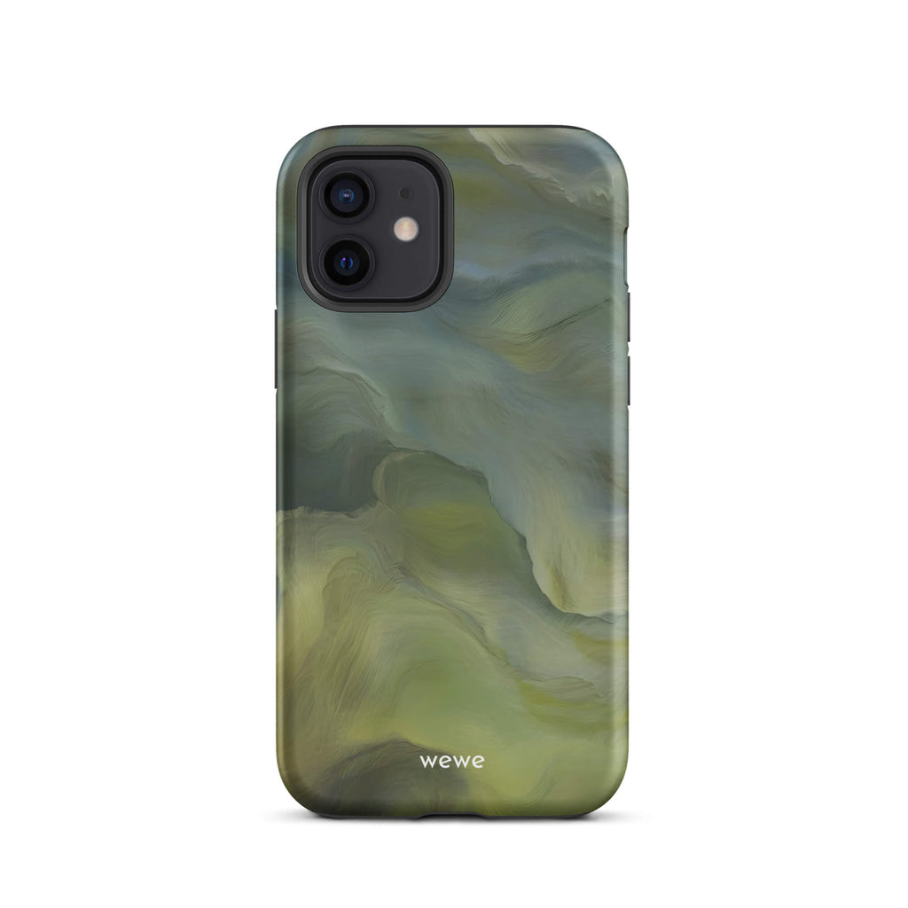 Custom iPhone case 12 with a close-up, macro photo of a textured, light mint green frothy substance, resembling sherbet or ice cream.