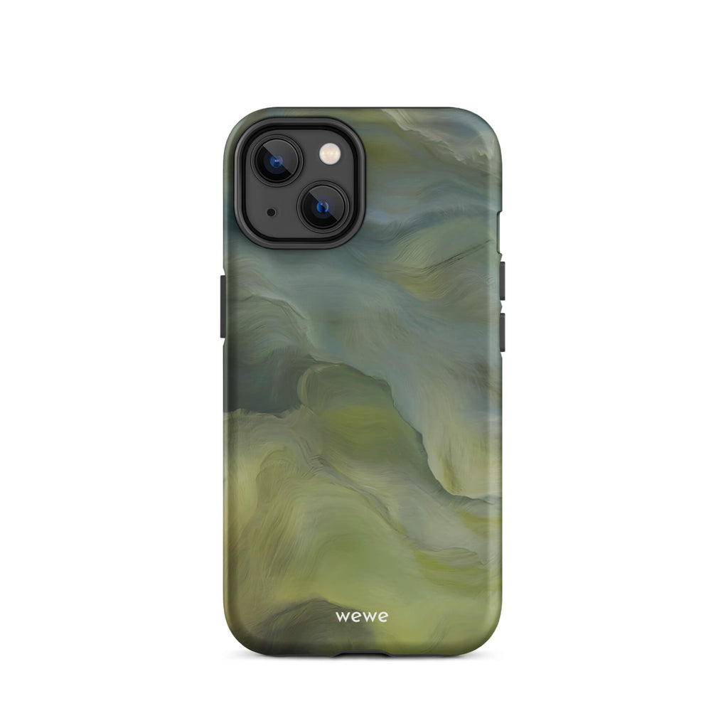 Custom iPhone case 14 with a close-up, macro photo of a textured, light mint green frothy substance, resembling sherbet or ice cream.