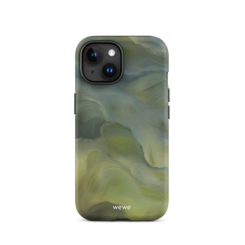 Custom iPhone case 15 with a close-up, macro photo of a textured, light mint green frothy substance, resembling sherbet or ice cream.