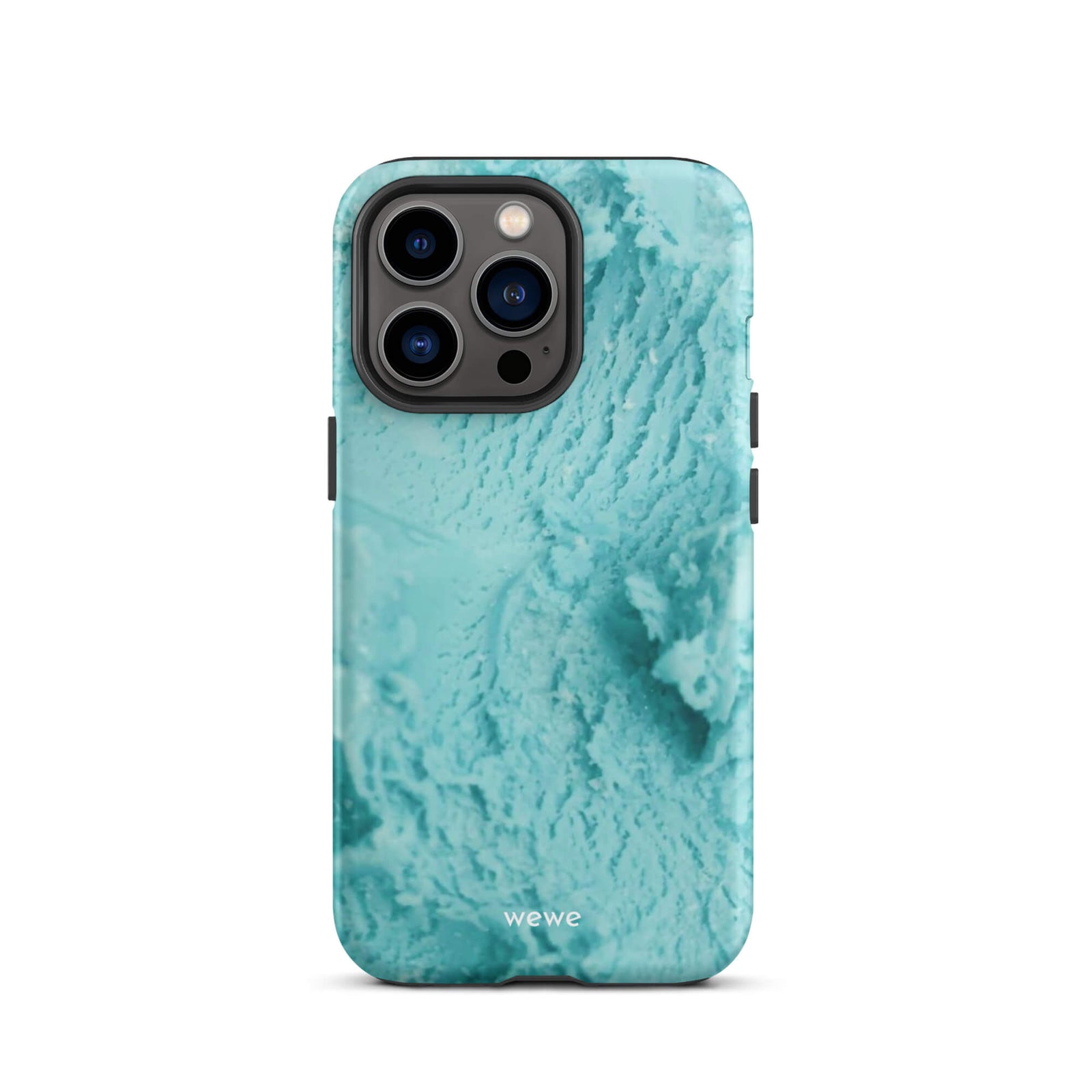 Custom iPhone case 13 pro with a  close-up, macro photo of a mint green, frothy texture, resembling ice cream or foam.
