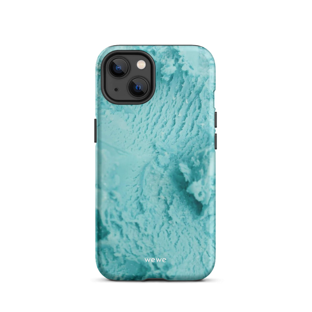 Custom iPhone case 13 with a  close-up, macro photo of a mint green, frothy texture, resembling ice cream or foam.