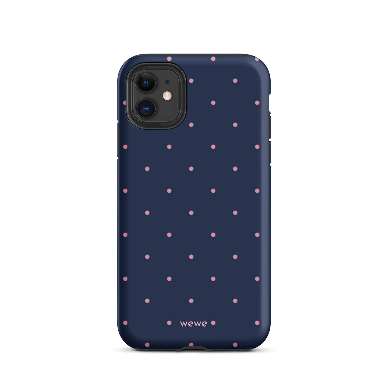 Custom iPhone case 11 with a dark navy blue background and a pattern of small pink polka dots.
