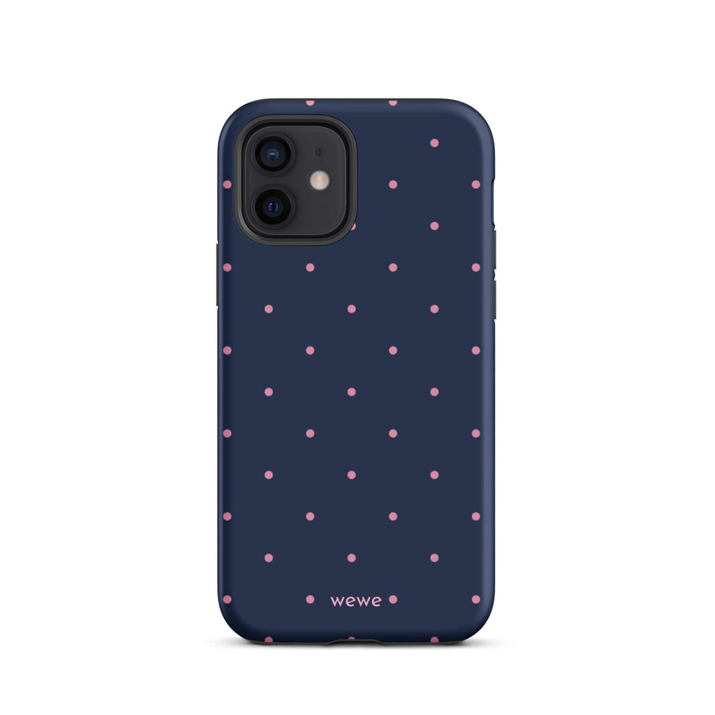 Custom iPhone case 12 with a dark navy blue background and a pattern of small pink polka dots.