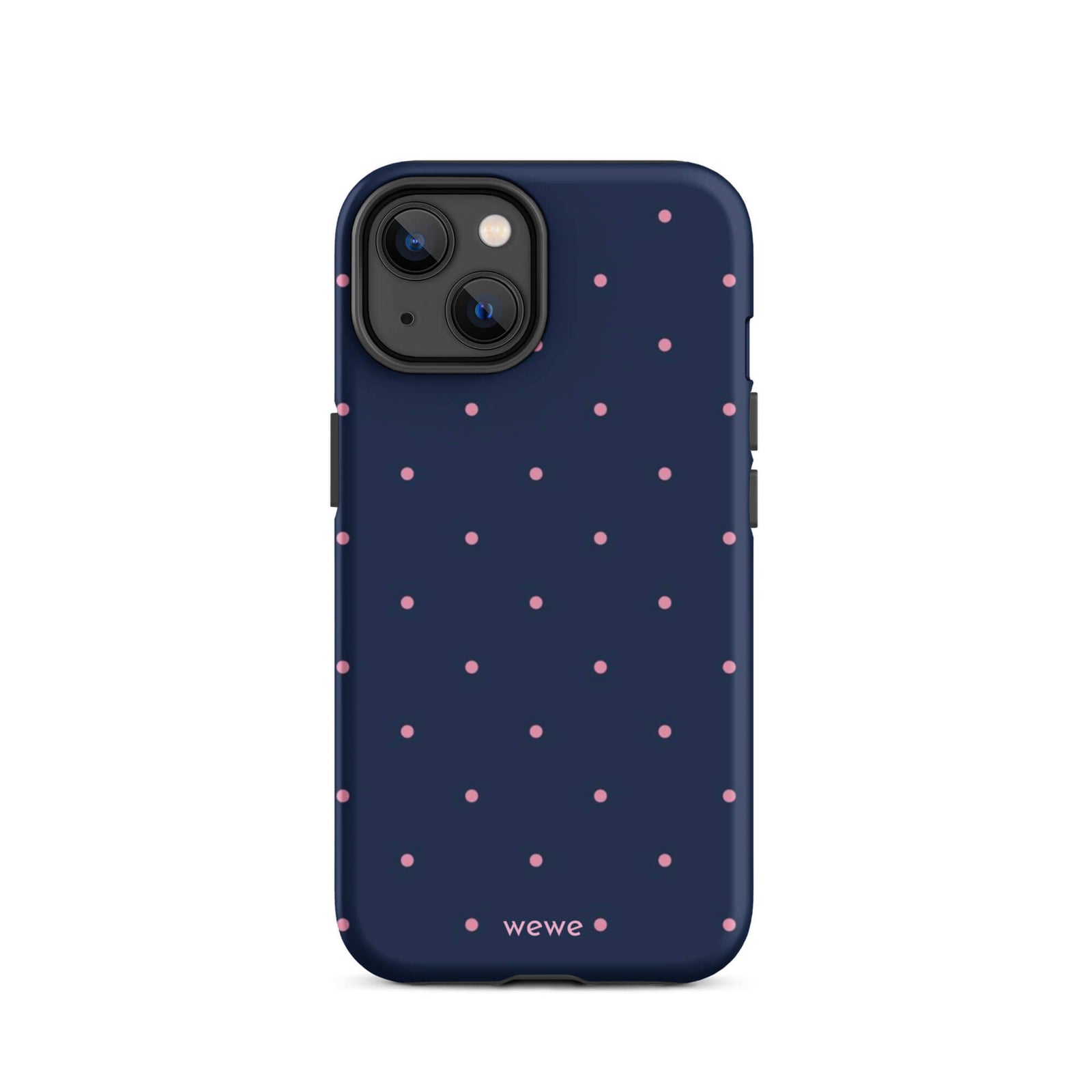 Custom iPhone case 14 with a dark navy blue background and a pattern of small pink polka dots.