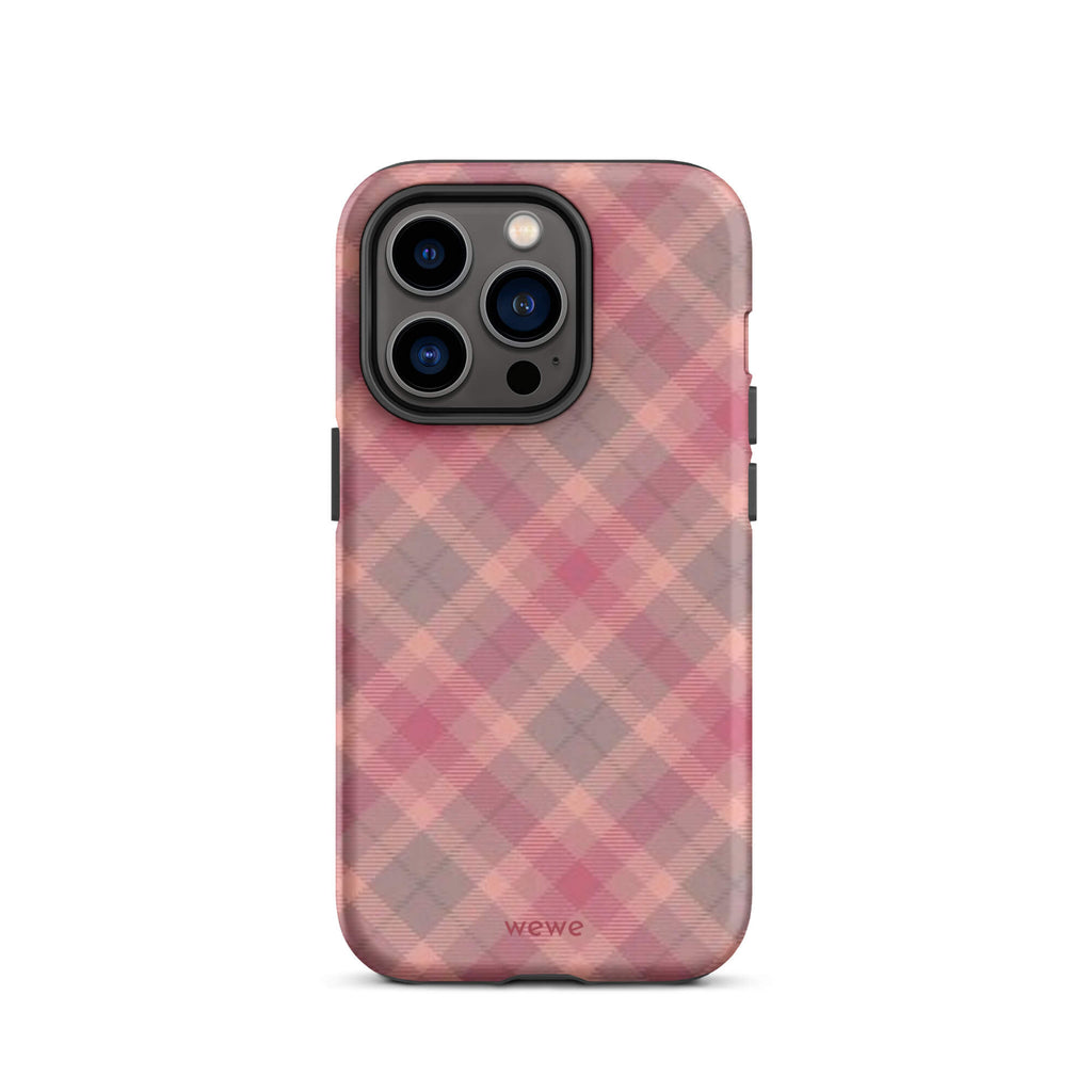Custom iPhone case 14 pro with a soft, faded checkered pattern of pink, mauve, and gray diagonal lines, resembling a classic tartan plaid.