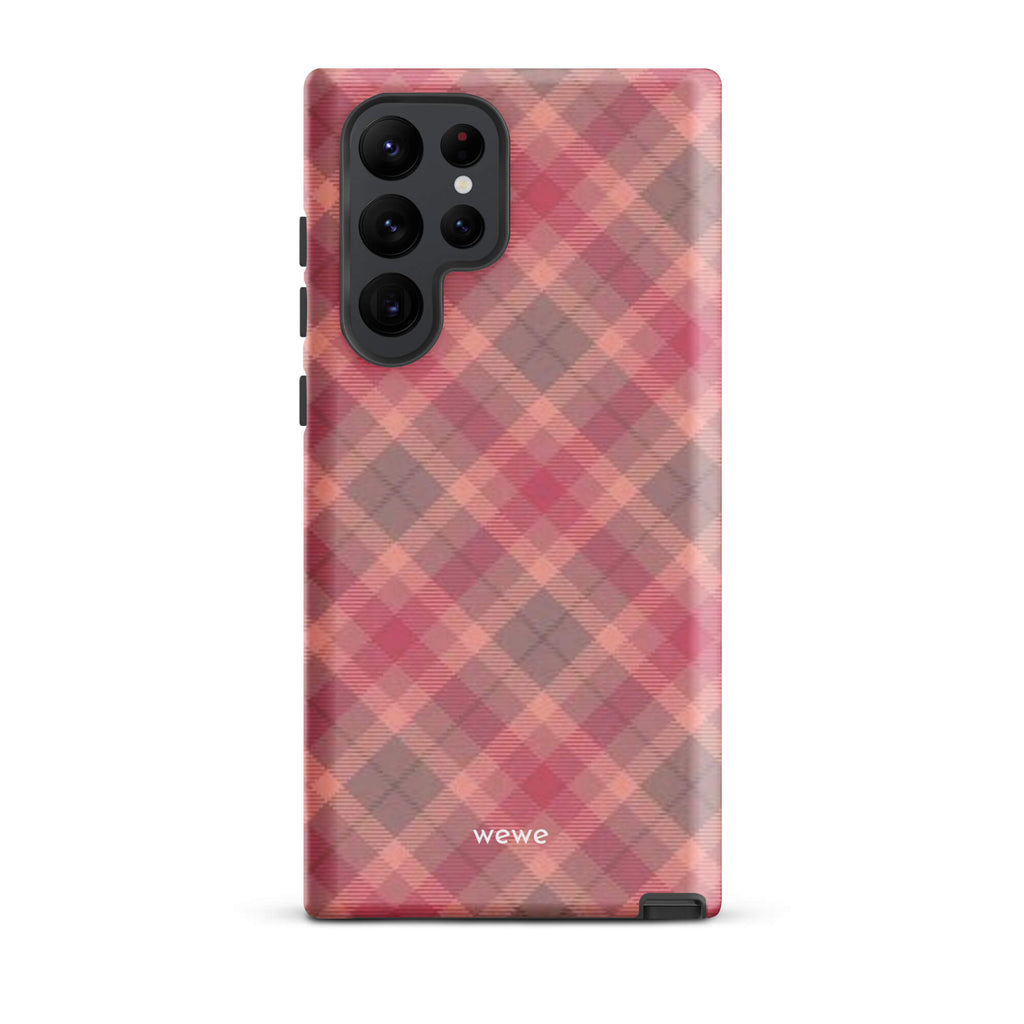 Custom samsung galaxy s22 ultra with a soft, faded checkered pattern of pink, mauve, and gray diagonal lines, resembling a classic tartan plaid.