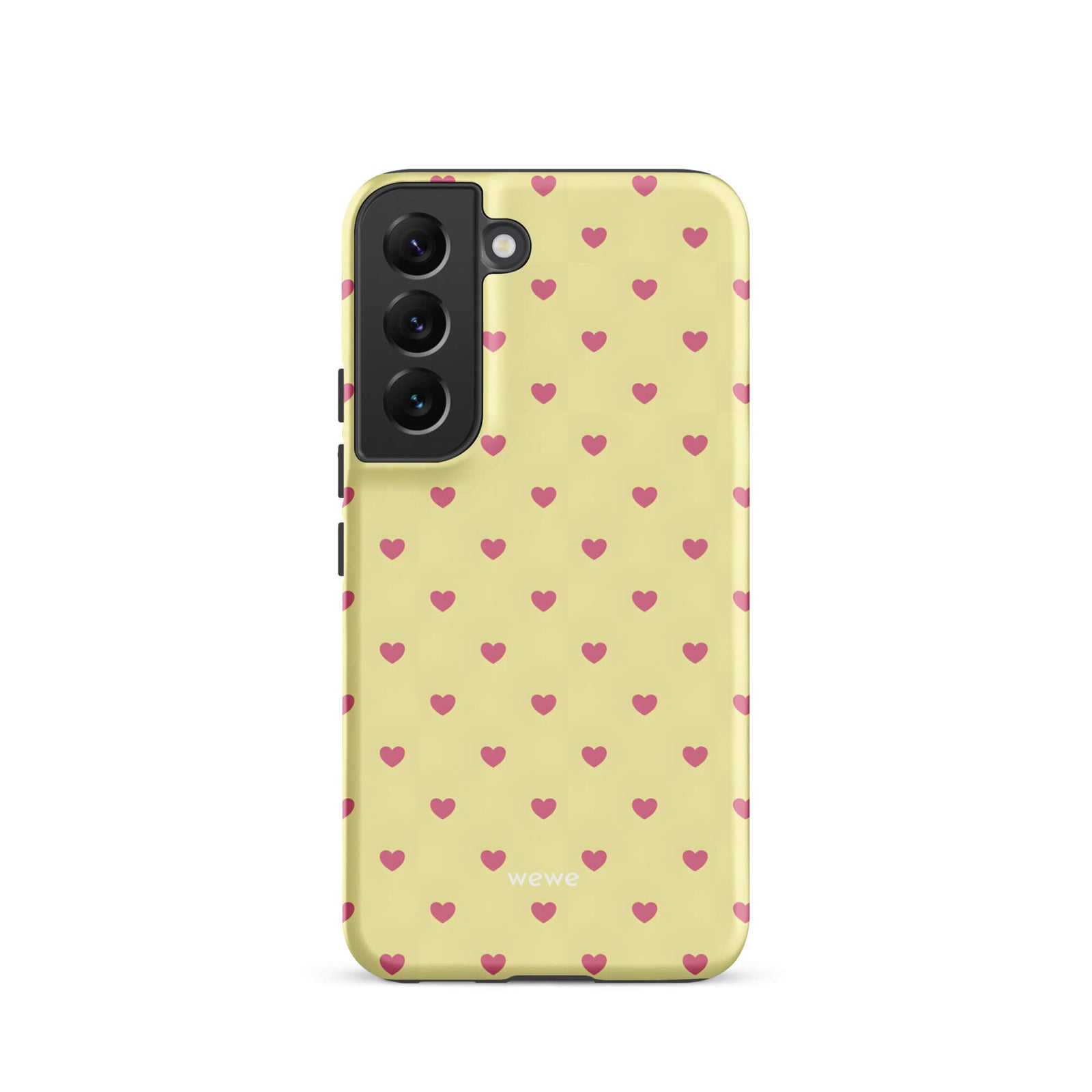 Custom samsung galaxy s22 Phone case with a light yellow background and a scattered pink heart pattern.