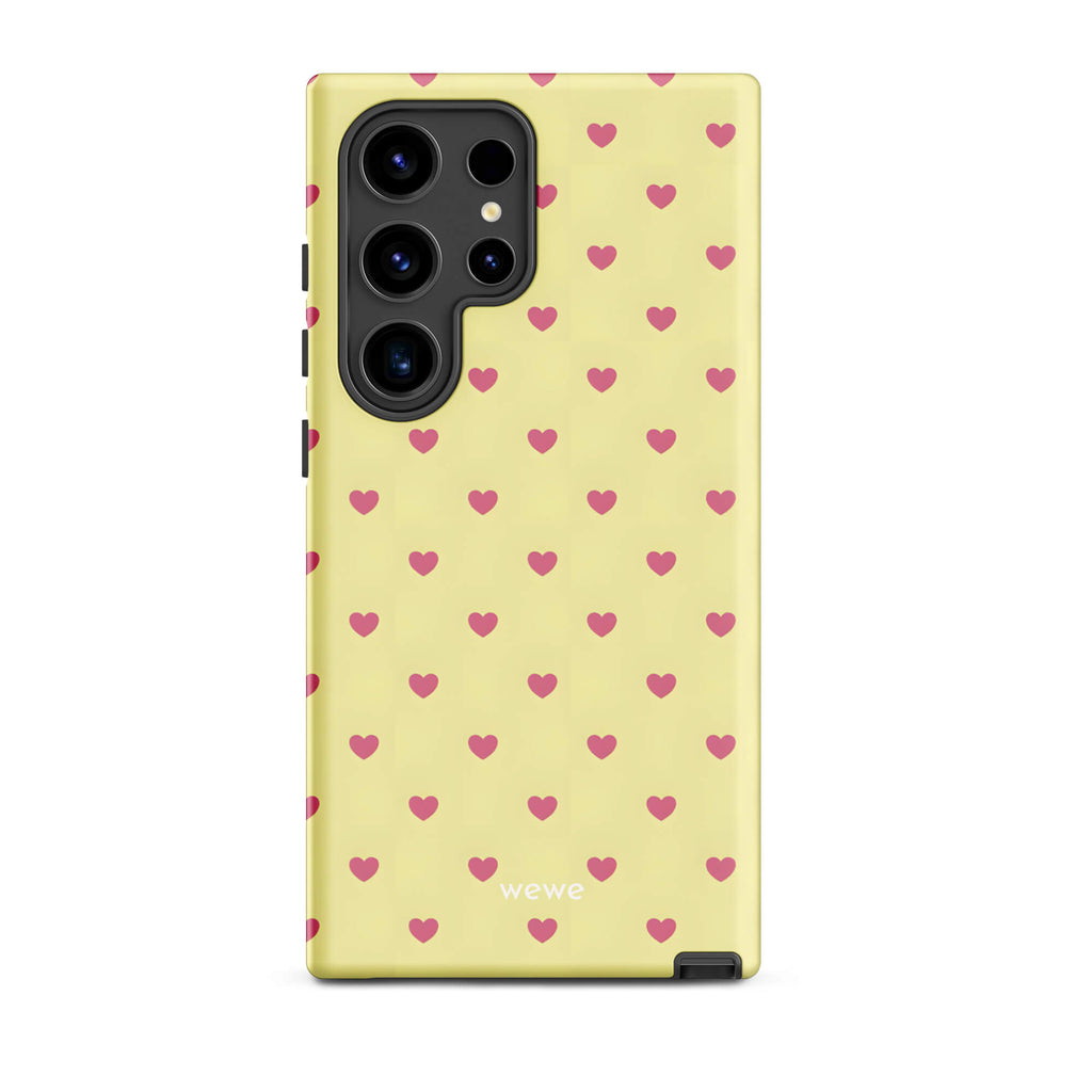 Custom samsung galaxy s24 ultra  Phone case with a light yellow background and a scattered pink heart pattern.