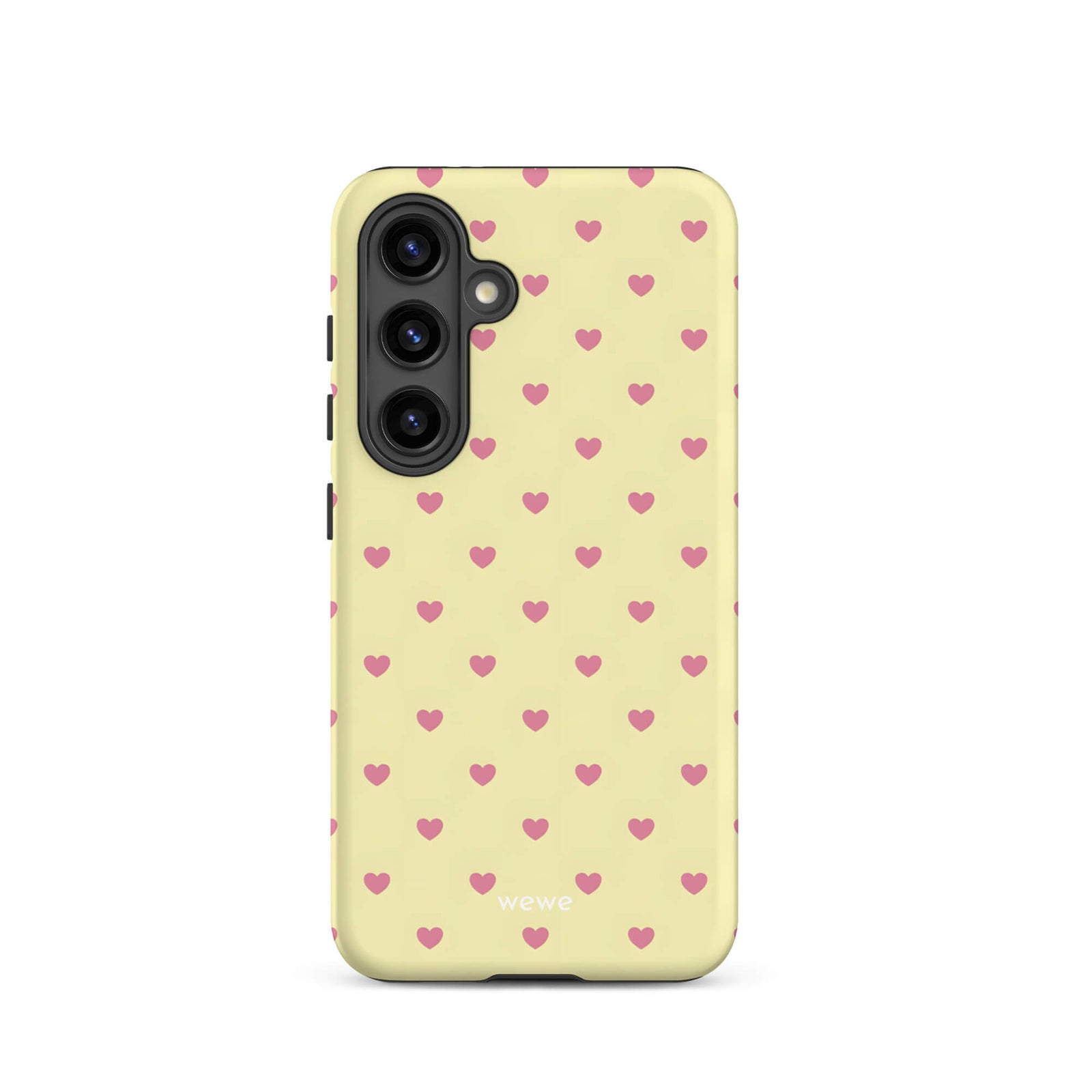 Custom samsung galaxy s24 Phone case with a light yellow background and a scattered pink heart pattern.