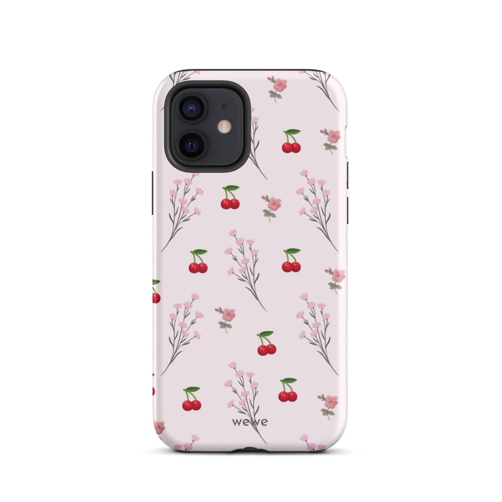 Custom iPhone case 12 with a cute and whimsical pattern of cherry branches, blossoms, and ripe cherries on a pale pink background.