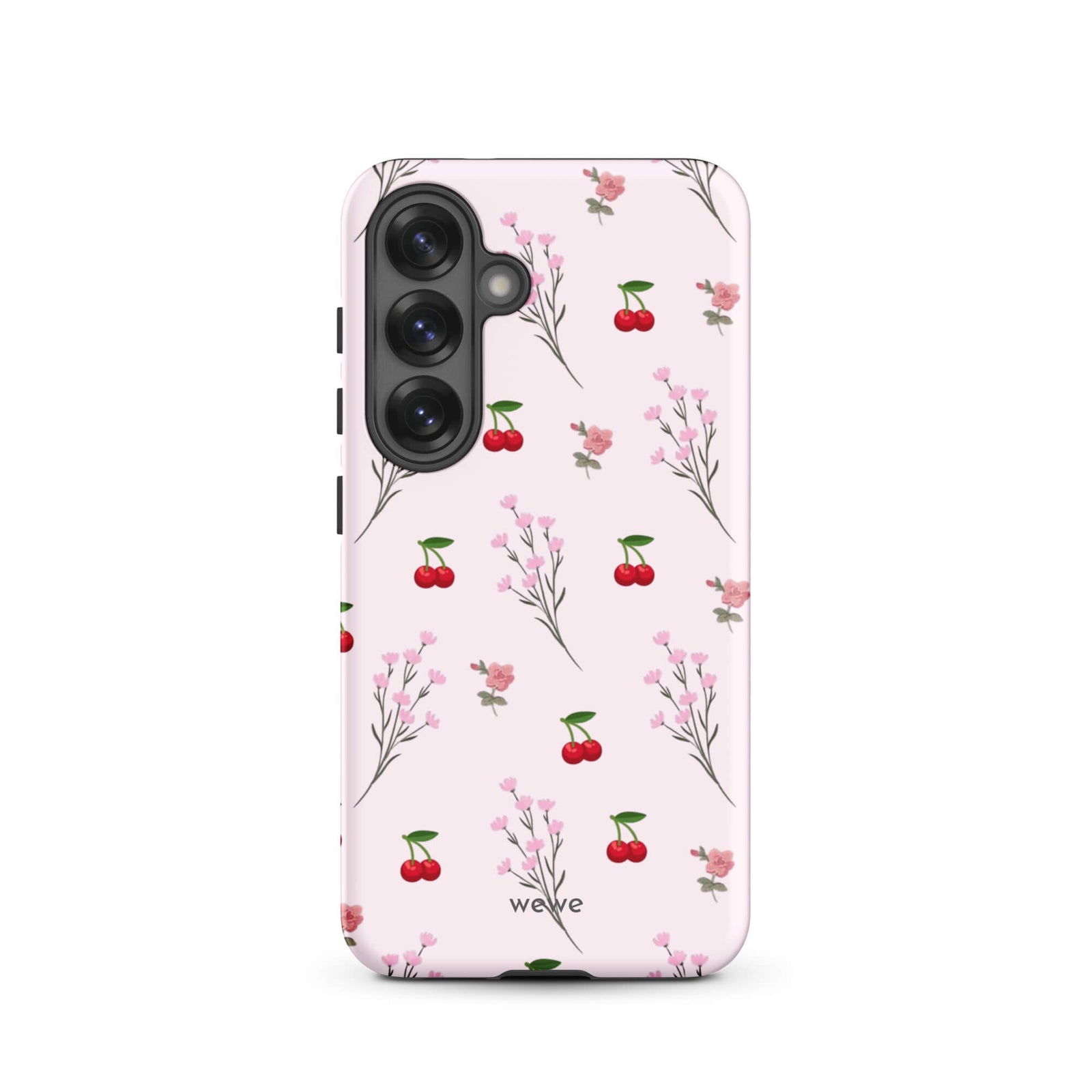 Custom samsung galaxy s25 Phone case with a cute and whimsical pattern of cherry branches, blossoms, and ripe cherries on a pale pink background.