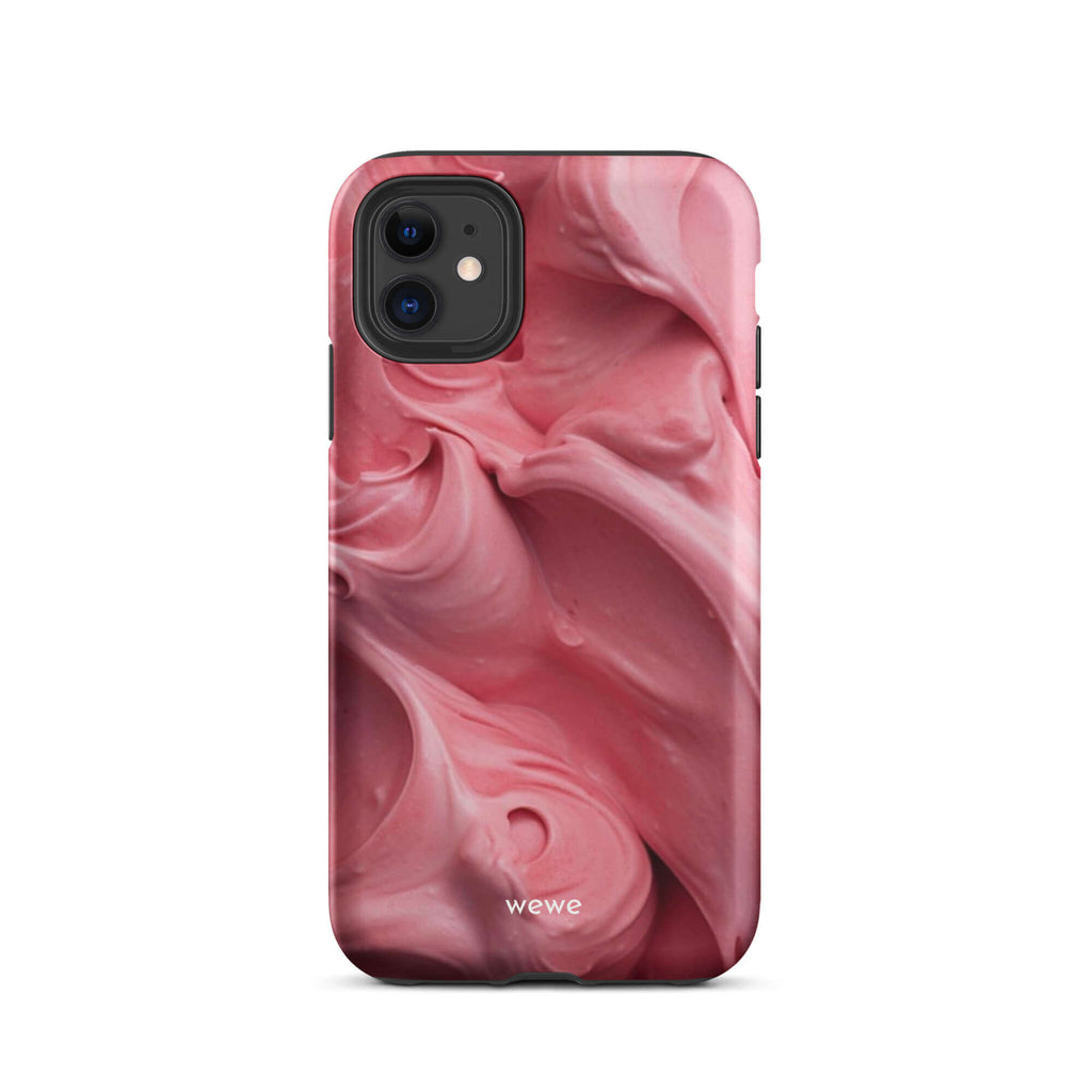 Custom iPhone case 11 pro with a close-up, macro photo of a textured, light pink frosting or ice cream.