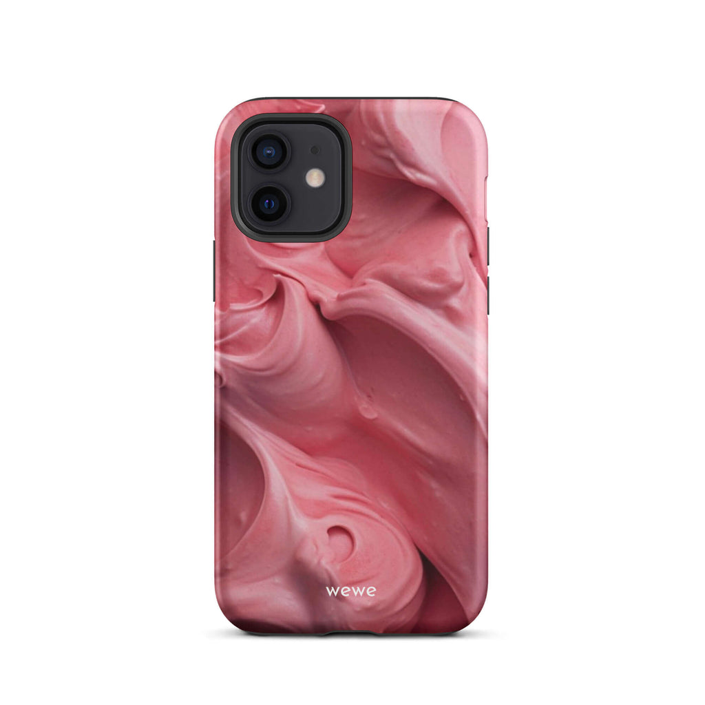 Custom iPhone case 12 with a close-up, macro photo of a textured, light pink frosting or ice cream.