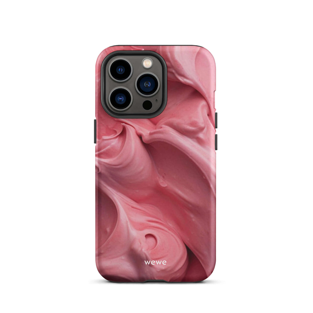 Custom iPhone case 13 pro with a close-up, macro photo of a textured, light pink frosting or ice cream.
