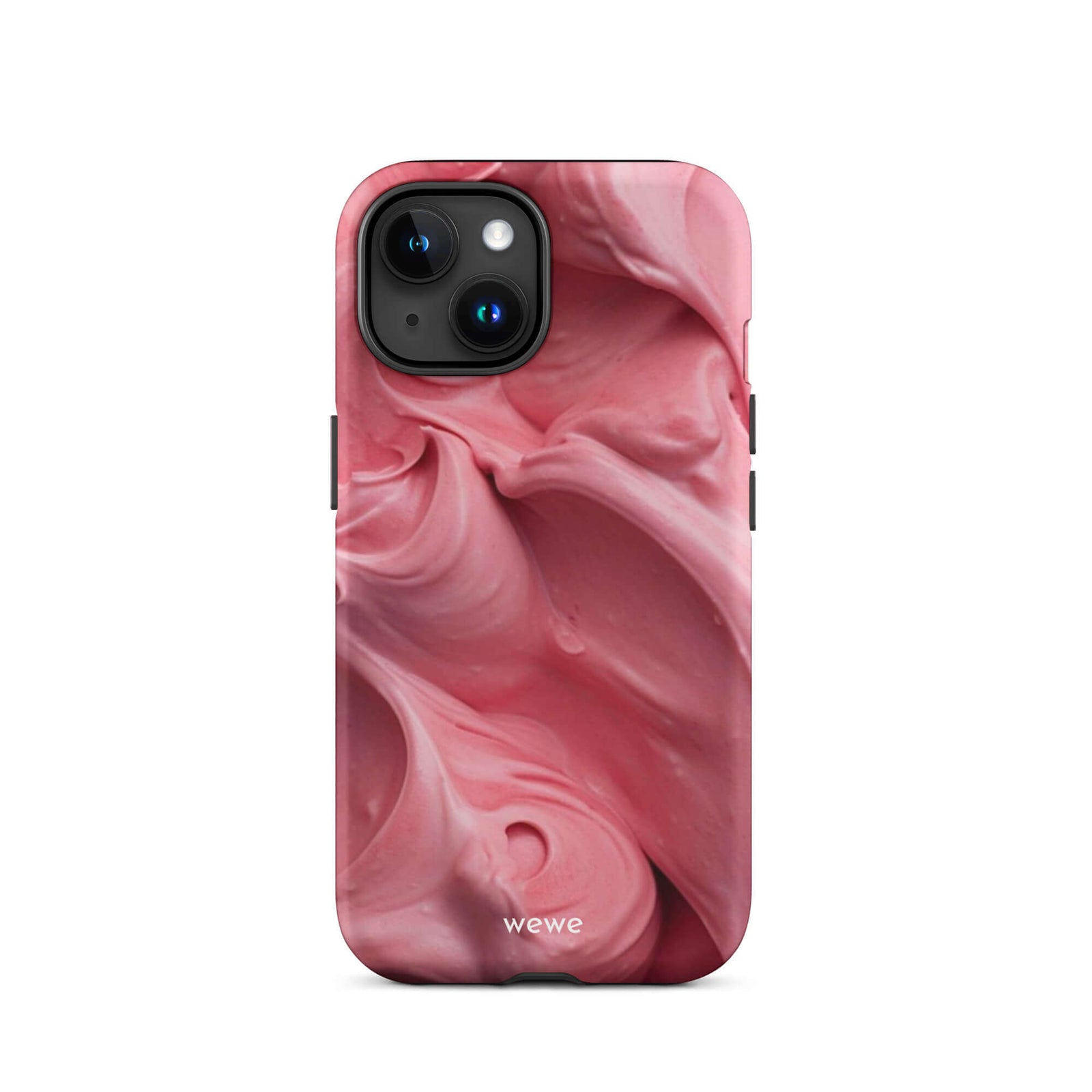 Custom iPhone case 15 with a close-up, macro photo of a textured, light pink frosting or ice cream.