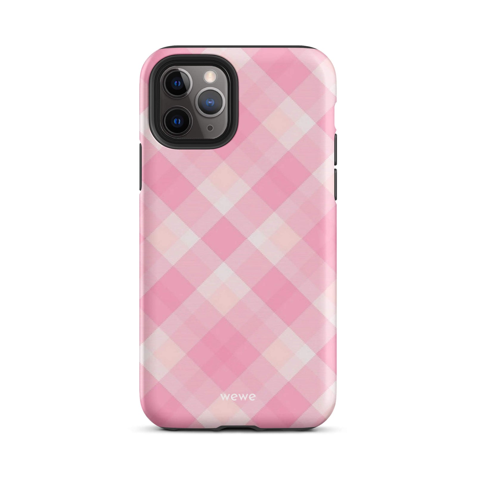 Custom iPhone case 11 pro with a  classic pink and white gingham checkered pattern.