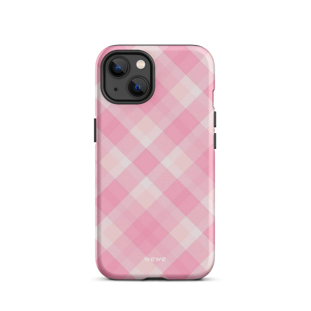Custom iPhone case 13 with a  classic pink and white gingham checkered pattern.