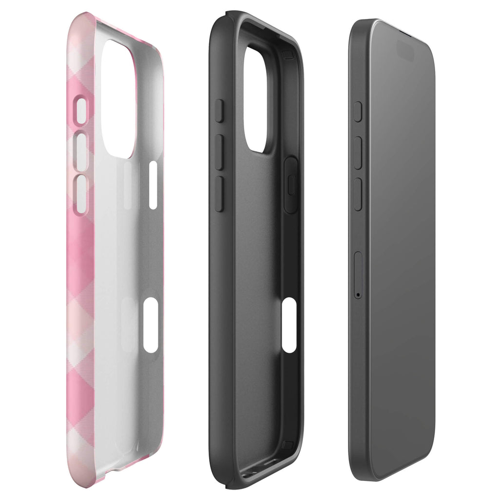 Custom blush pink gingham iphone case 16 pro max dual-layer shockproof protection.