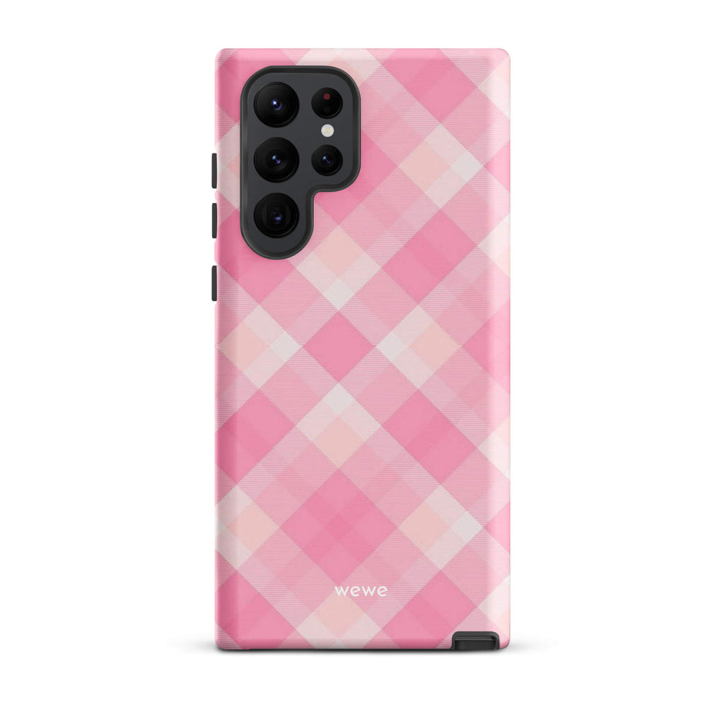 Custom samsung galaxy s22 ultra Phone case with a  classic pink and white gingham checkered pattern.