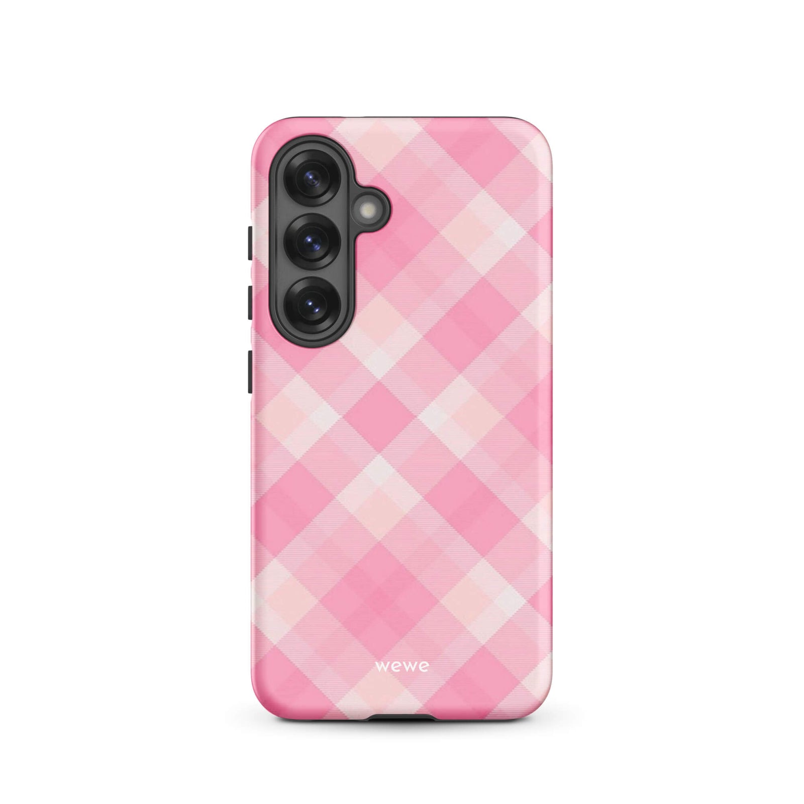 Custom samsung galaxy s25 Phone case with a  classic pink and white gingham checkered pattern.